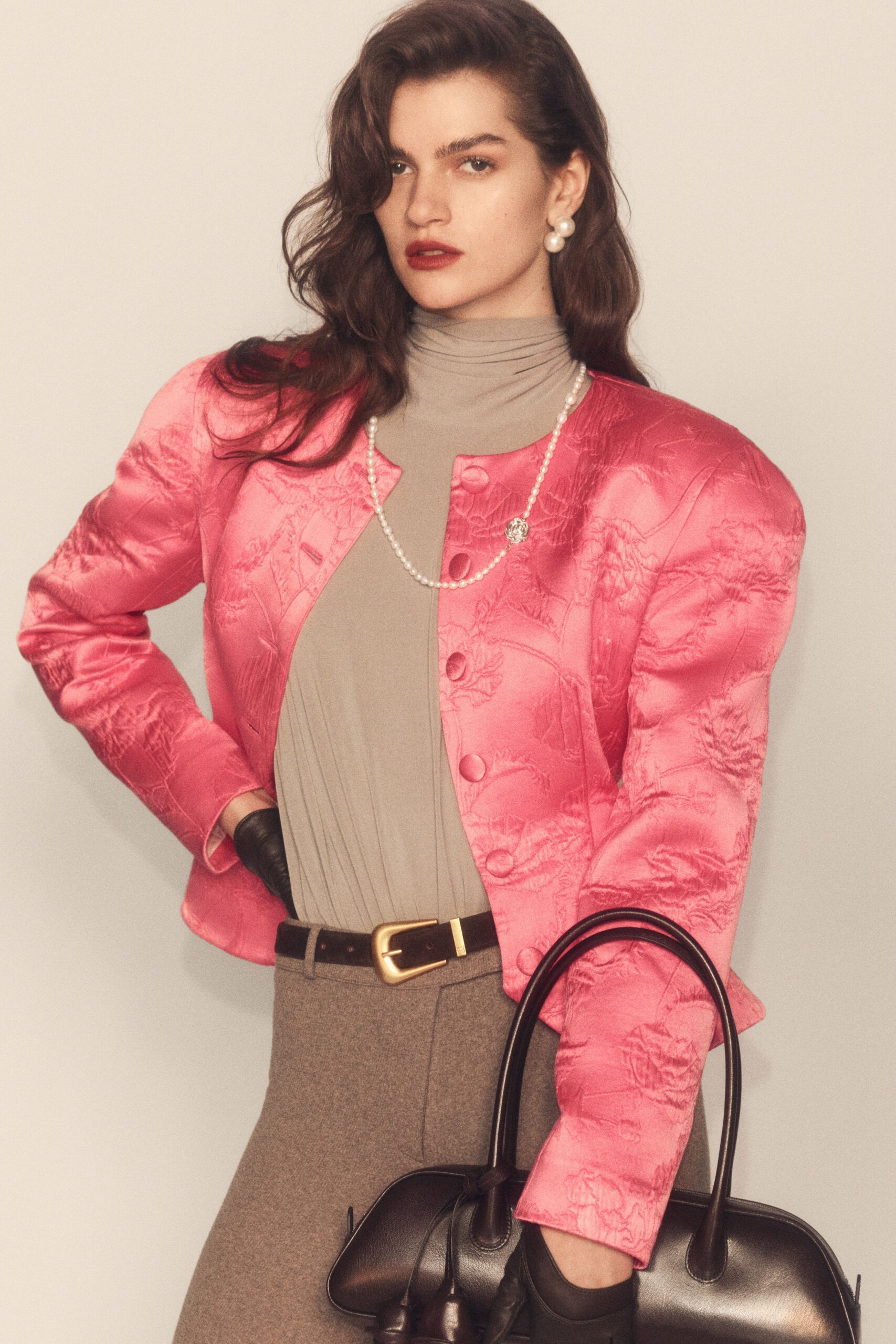pink silk long-sleeve collared fitted buttoned embroidered jacket