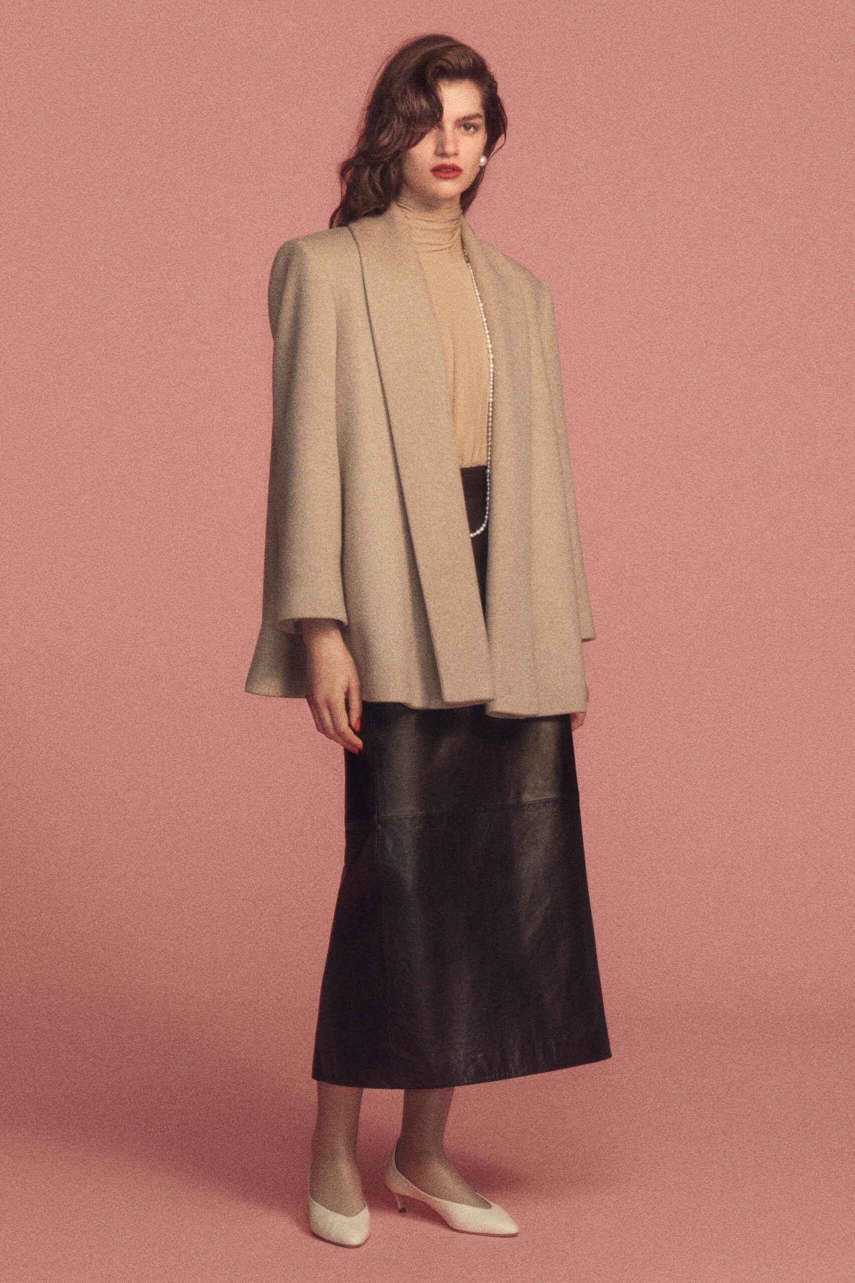 beige wool long-sleeve collared relaxed structured coat