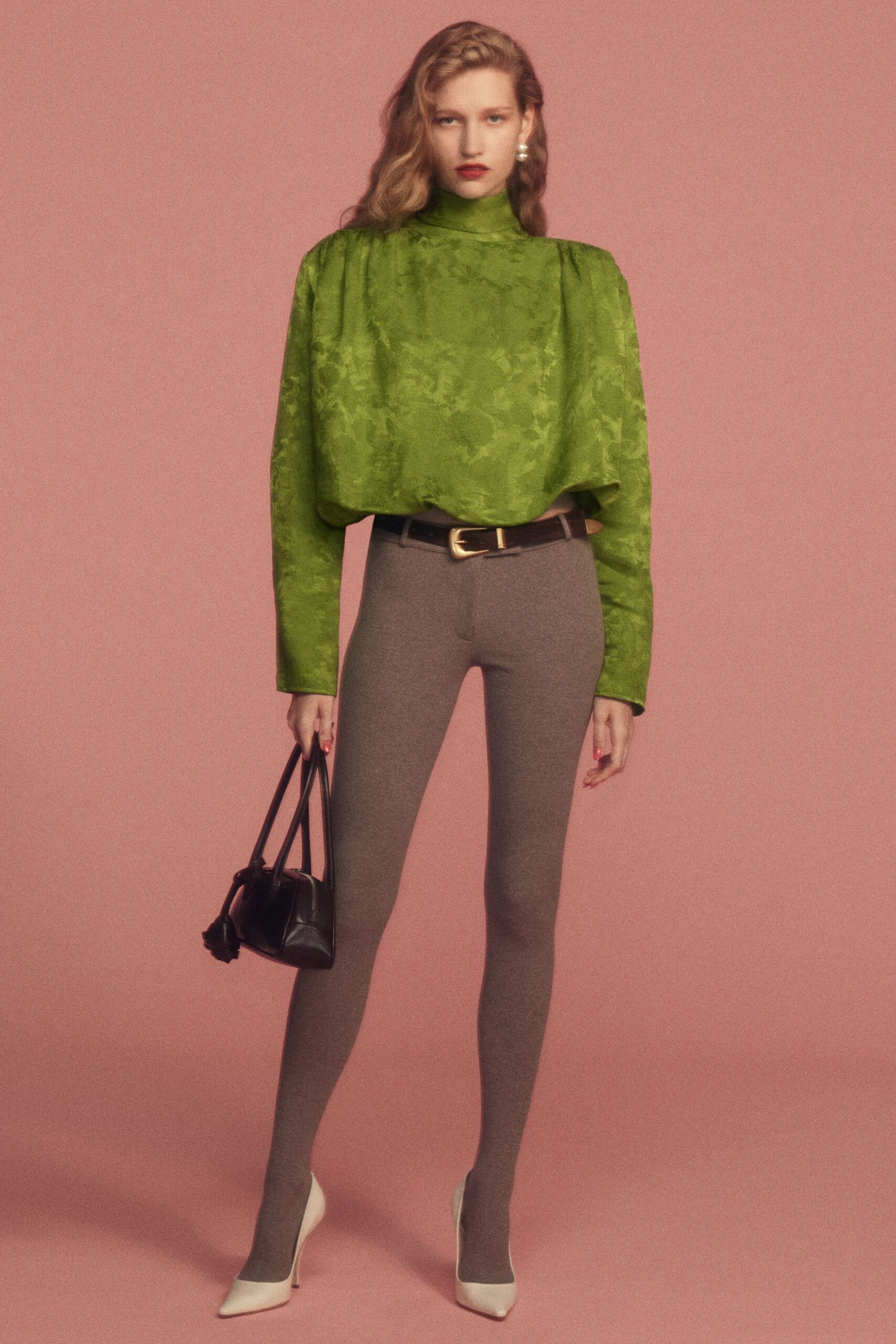 green silk long-sleeve high-neck relaxed pleated top