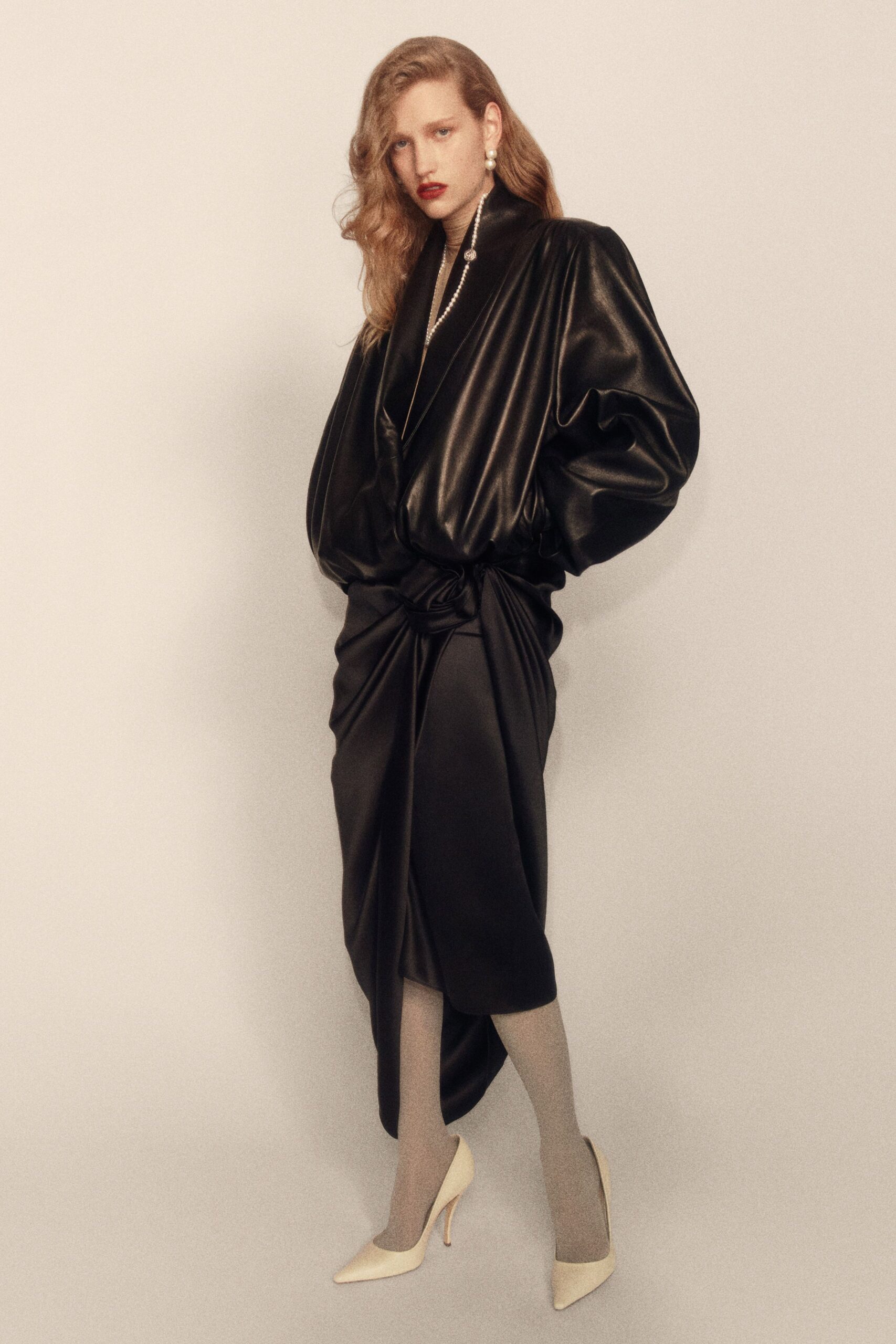 black leather sleeveless v-neck fitted draped midi dress