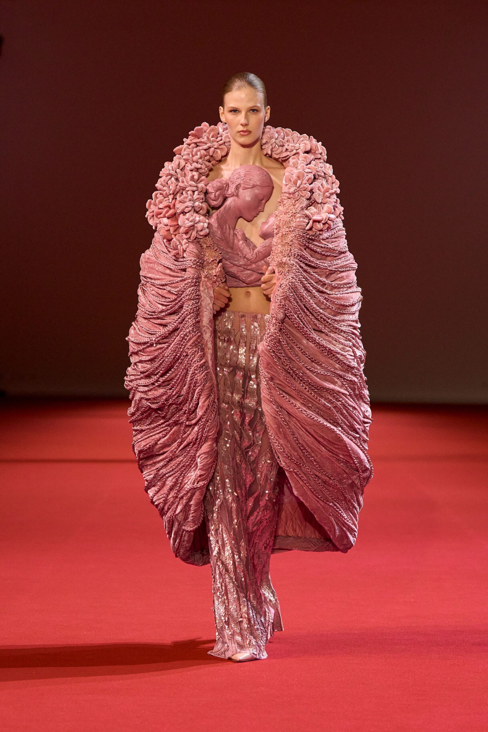 pink silk oversized ruffled flowing cape