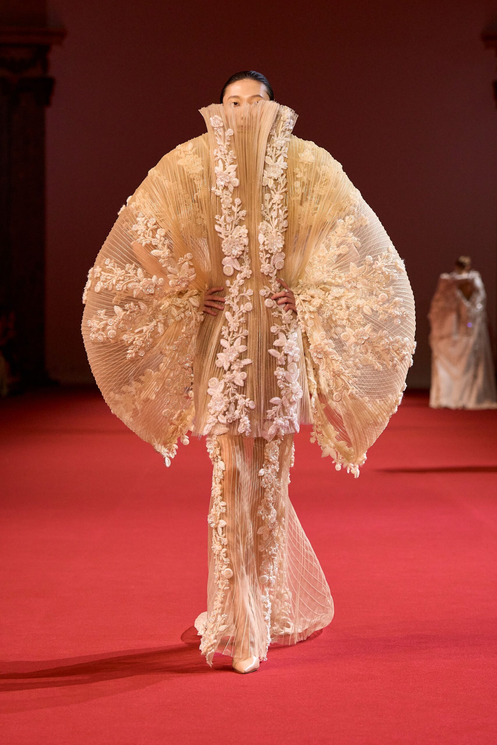beige silk long-sleeve high-neck fitted embroidered layered jacket