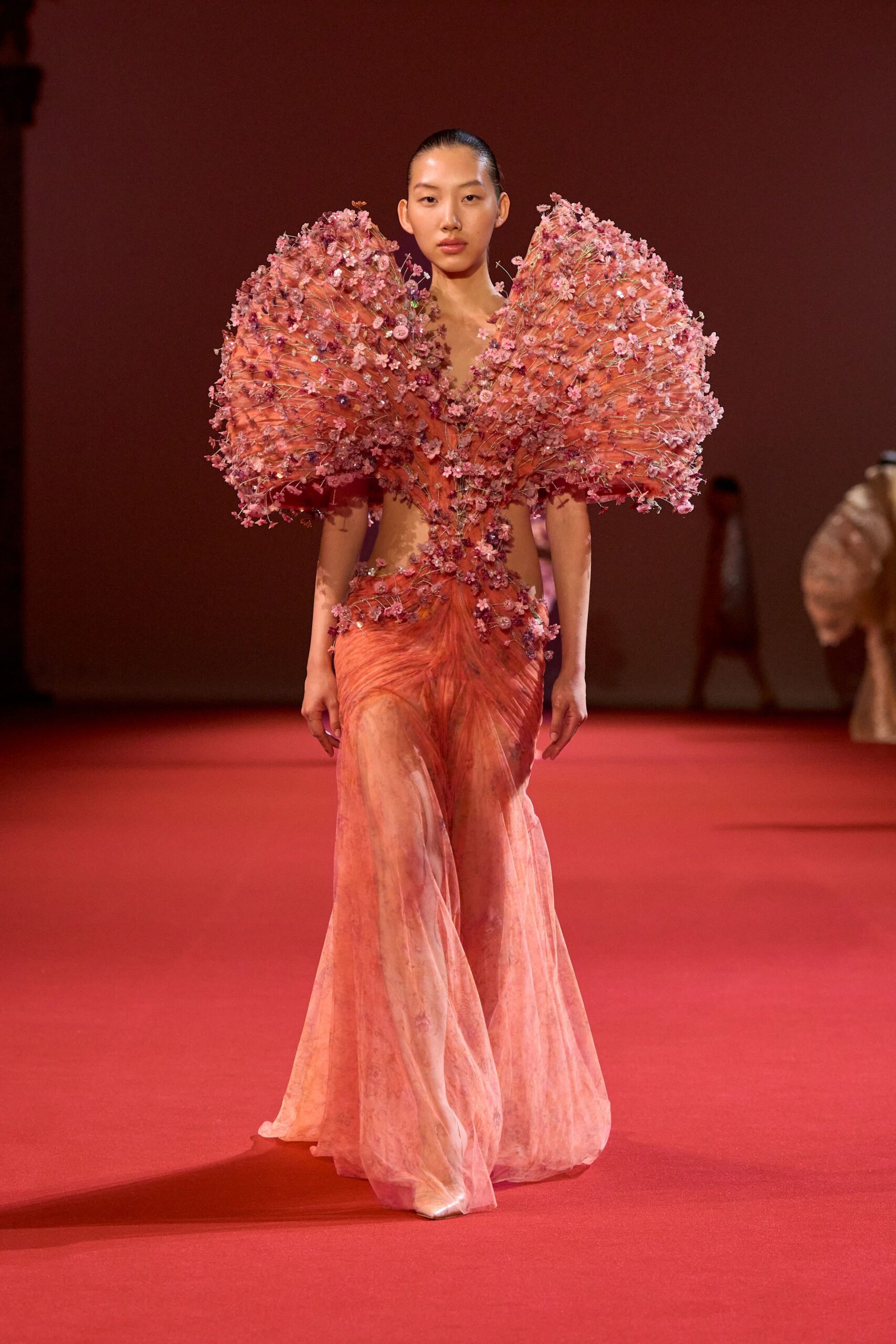 pink orange embellished gown