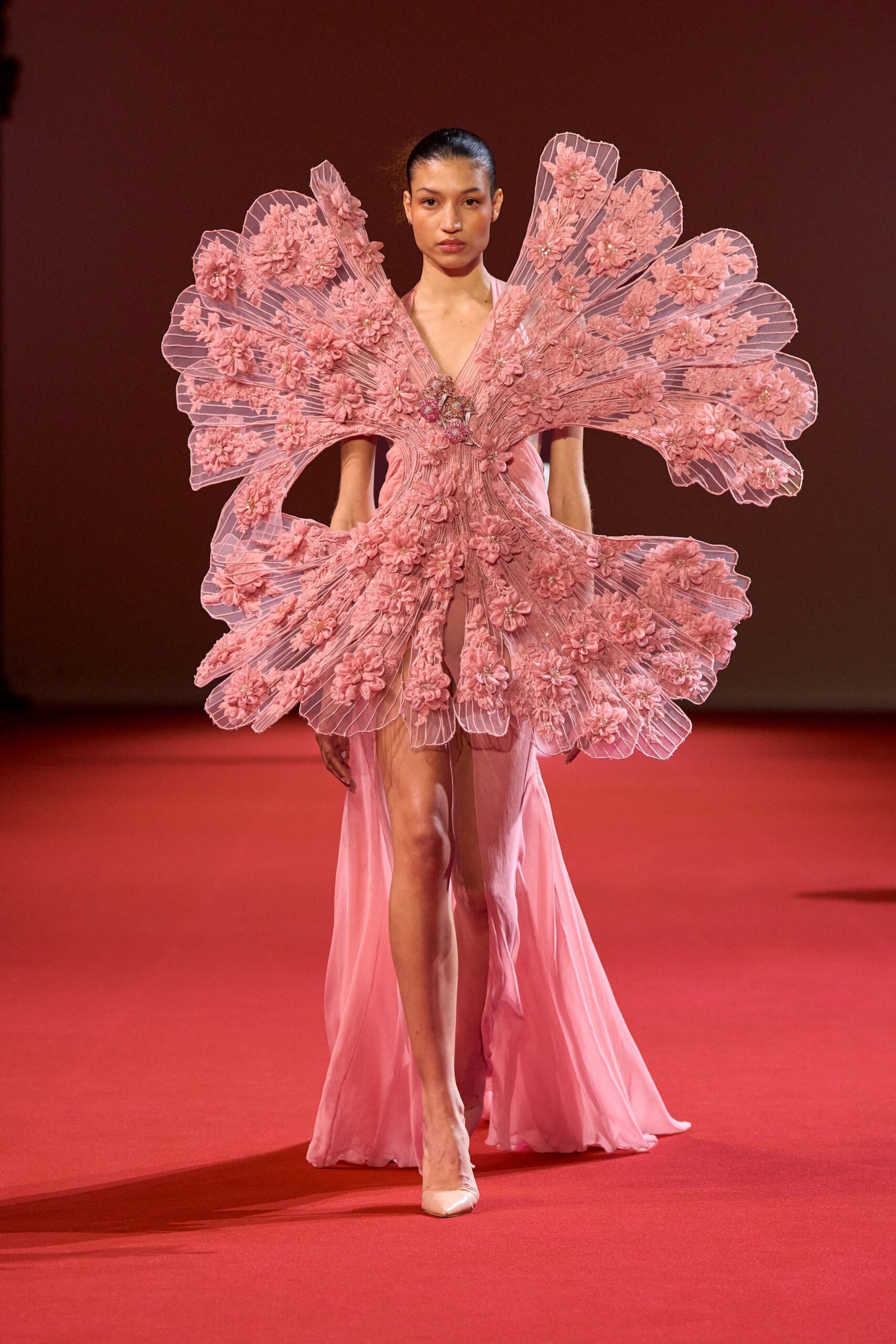 pink tulle sleeveless v-neck fitted ruffled flared gown
