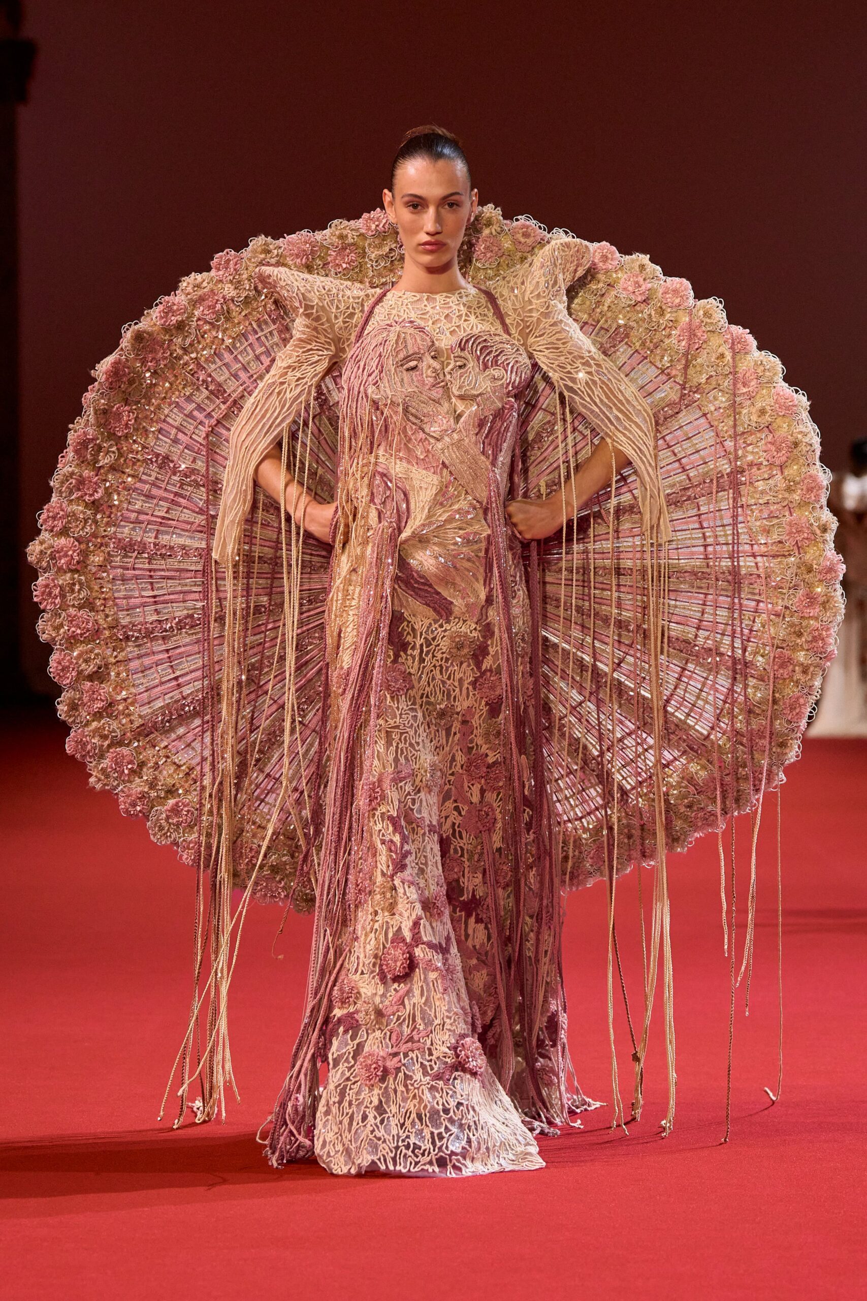 pink silk oversized layered flowing cape
