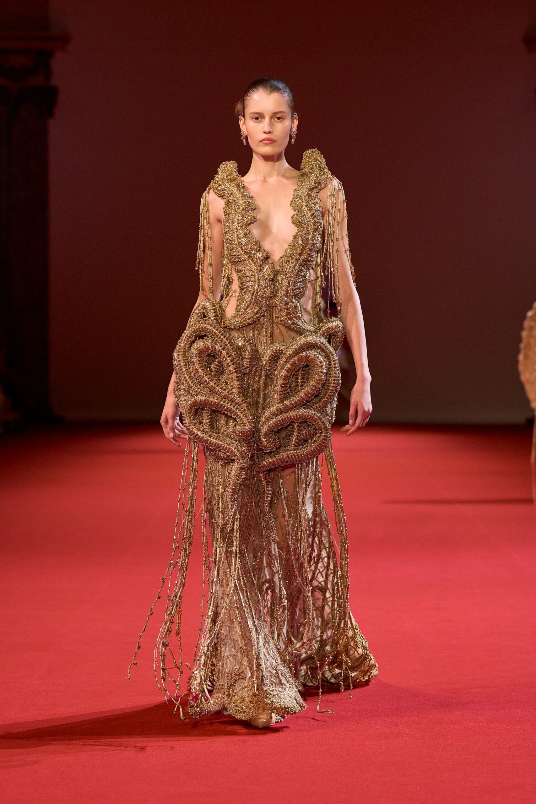 gold embroidered sleeveless gown