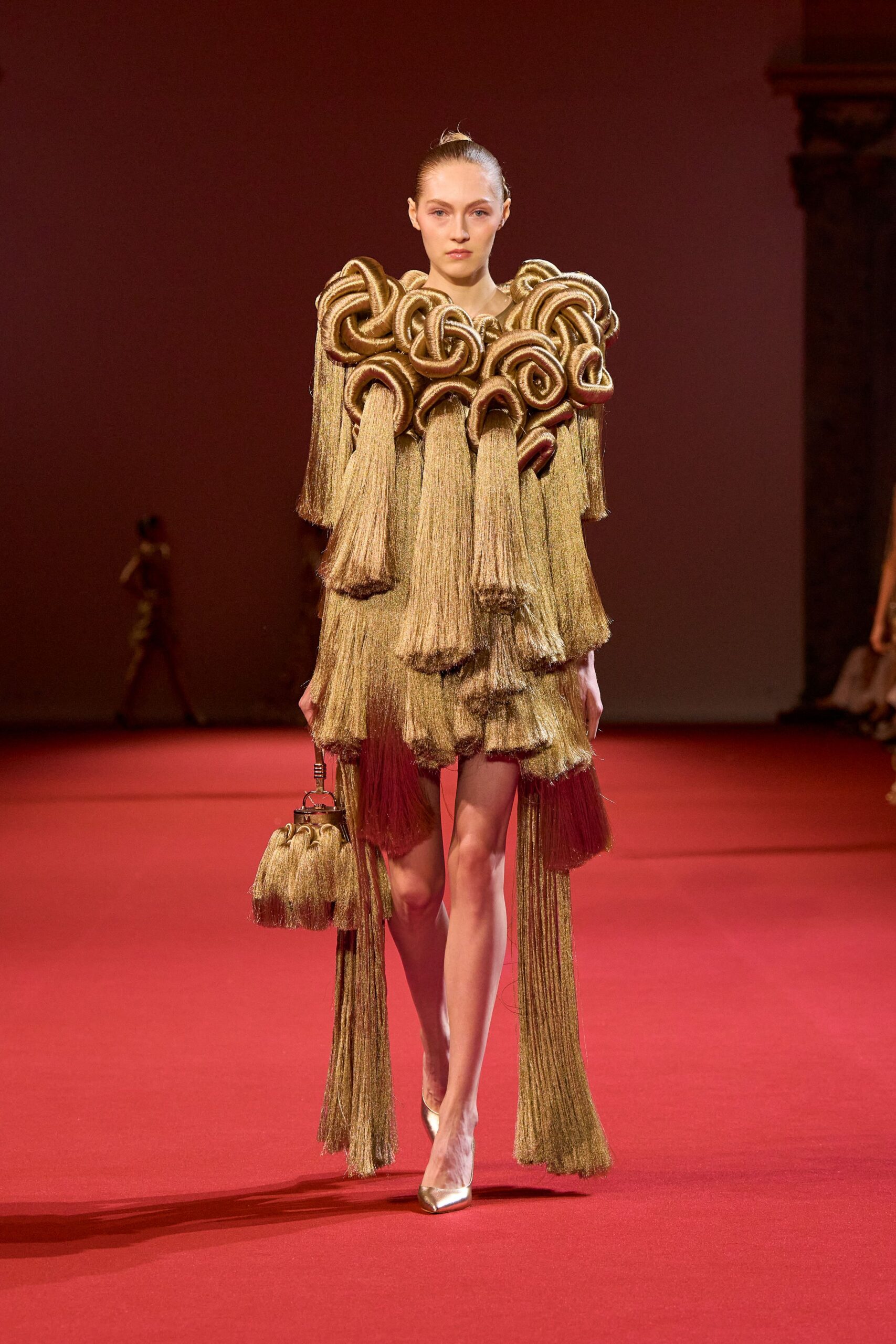 gold silk sleeveless high-neck fitted fringed layered dress