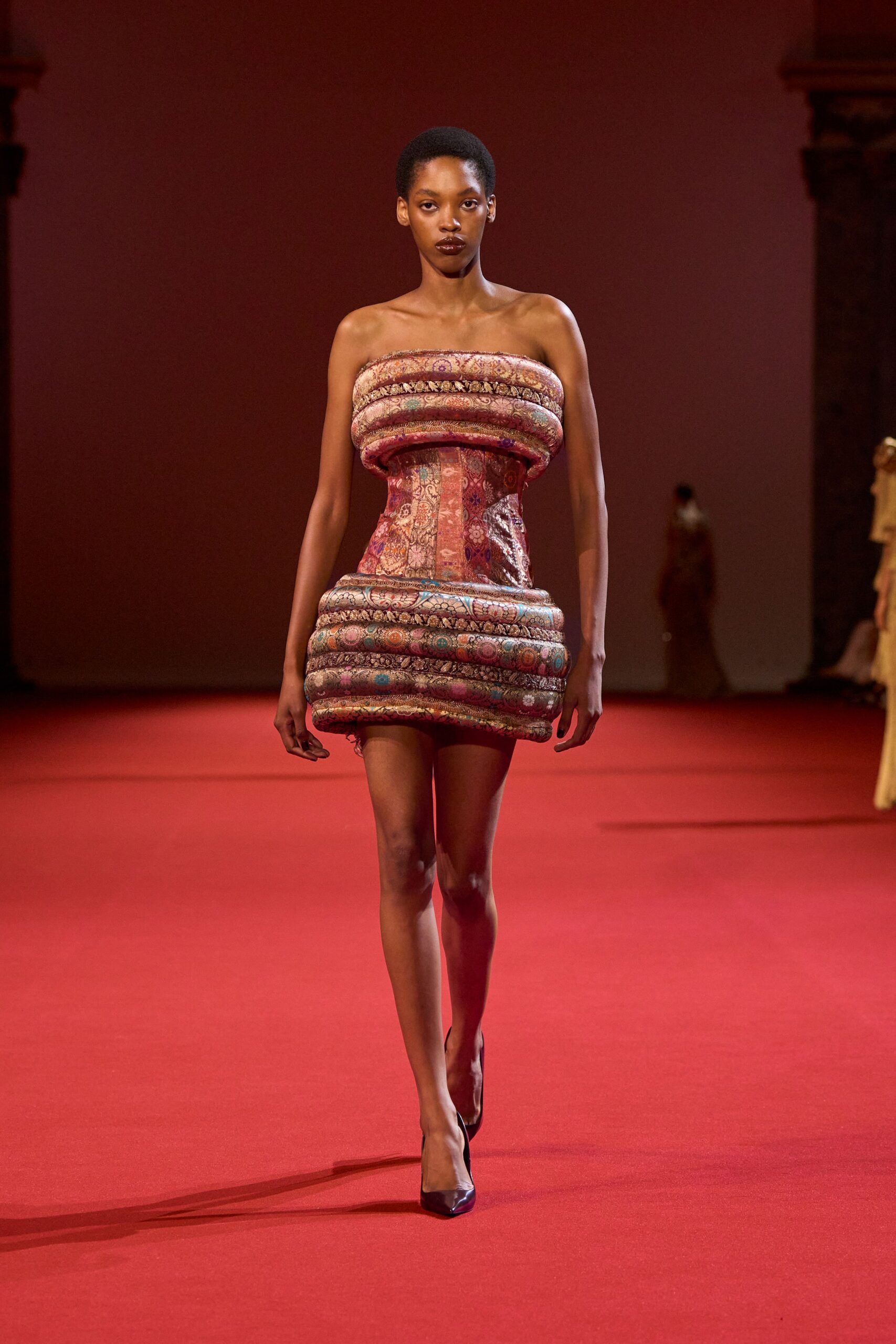 multi silk strapless fitted padded mini dress