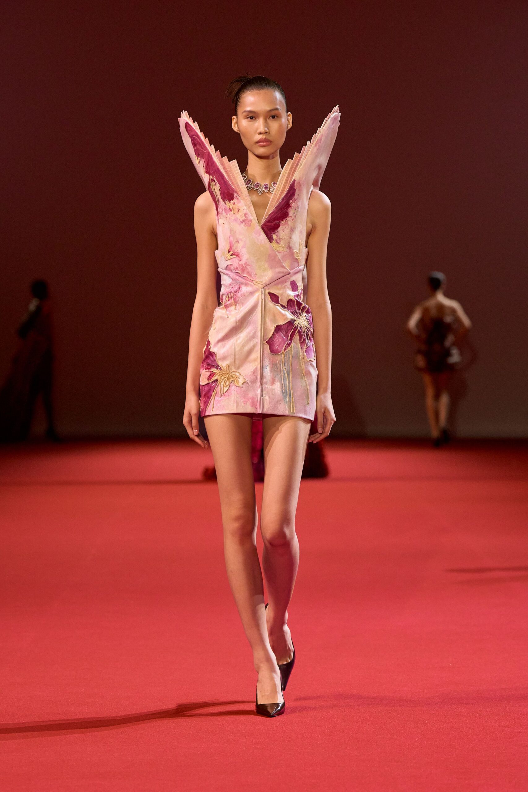 pink embroidered mini dress with heels