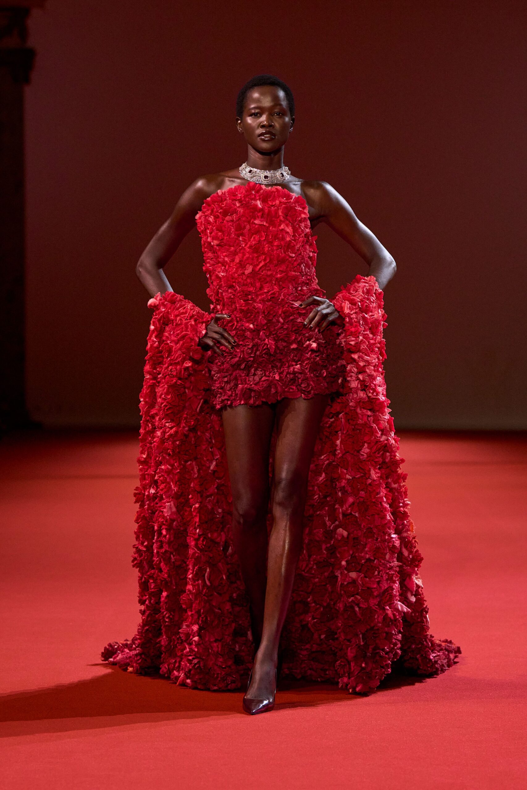 red silk sleeveless high-neck fitted ruffled layered dress