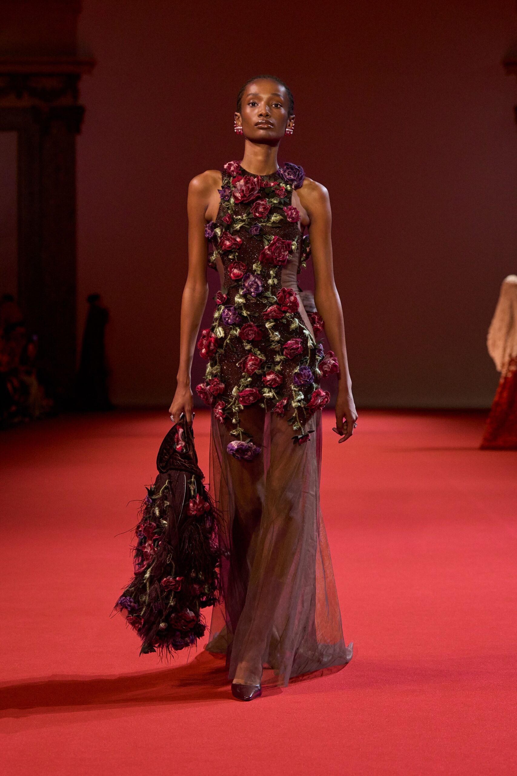purple tulle sleeveless high-neck fitted floral layered dress