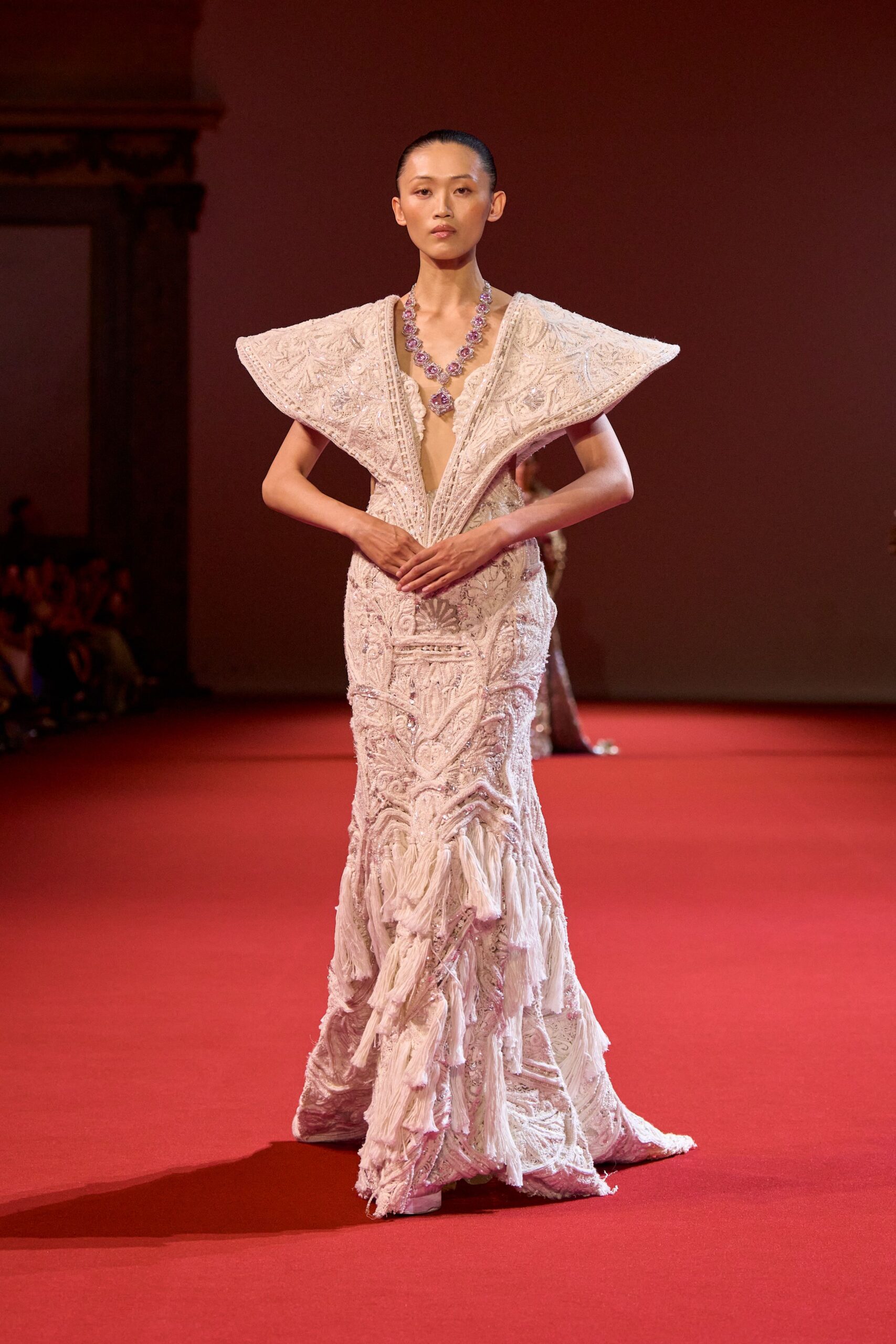 beige silk embroidered gown