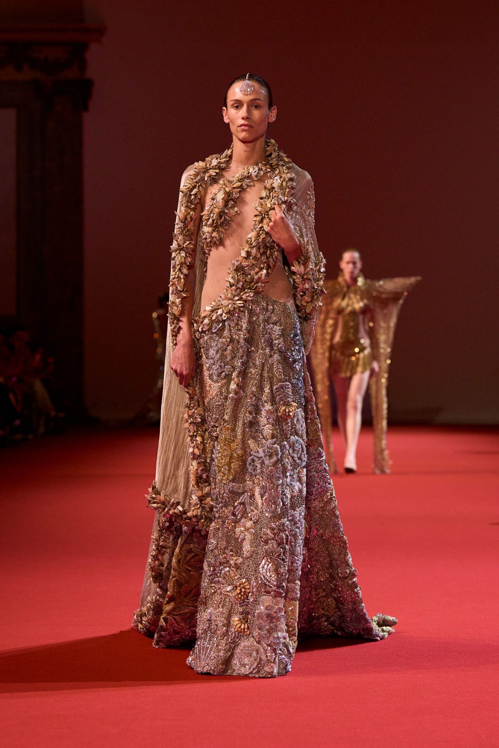 gold silk sleeveless relaxed layered flowing cape