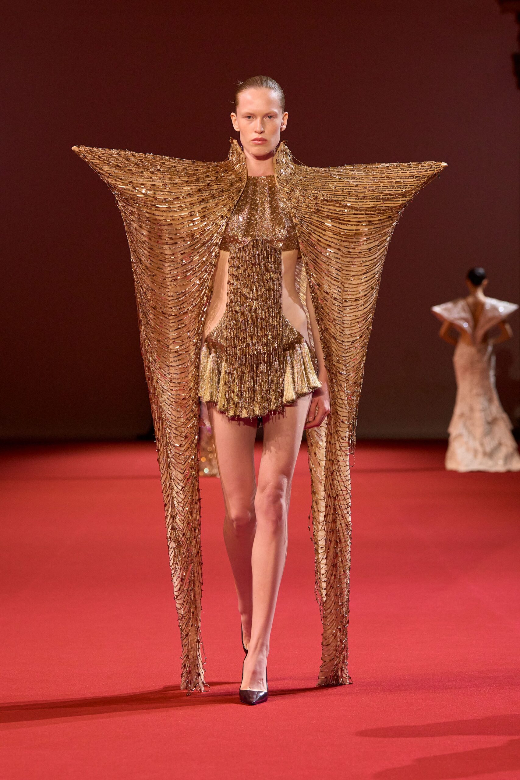 gold metallic sleeveless high-neck fitted fringed embellished dress