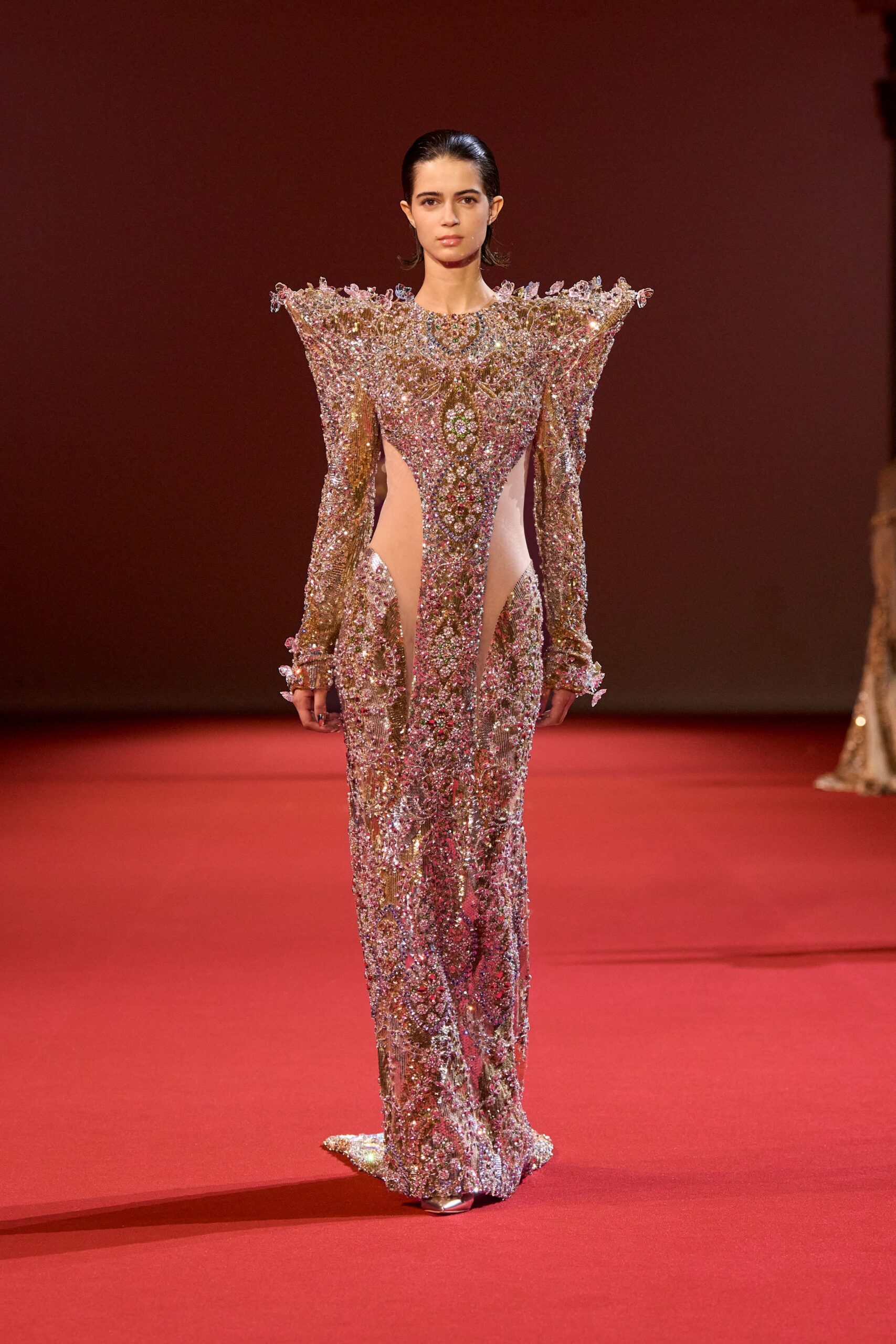 gold and pink embellished gown