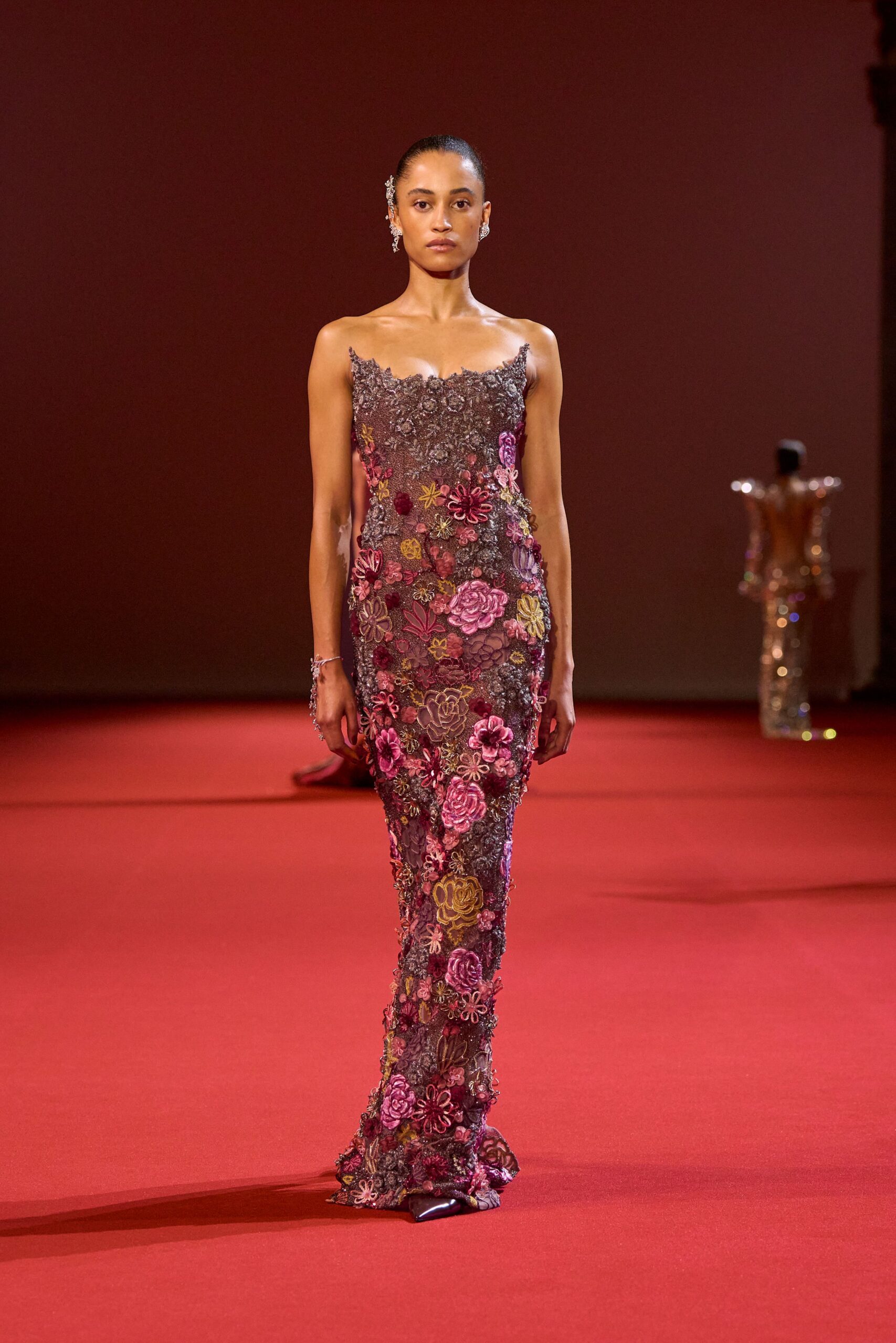 purple pink gold embroidered gown