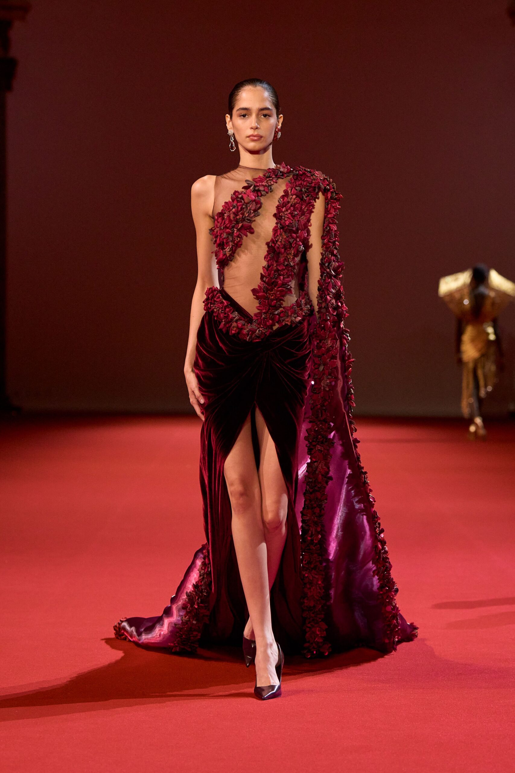red velvet sleeveless asymmetric fitted ruched embellished gown