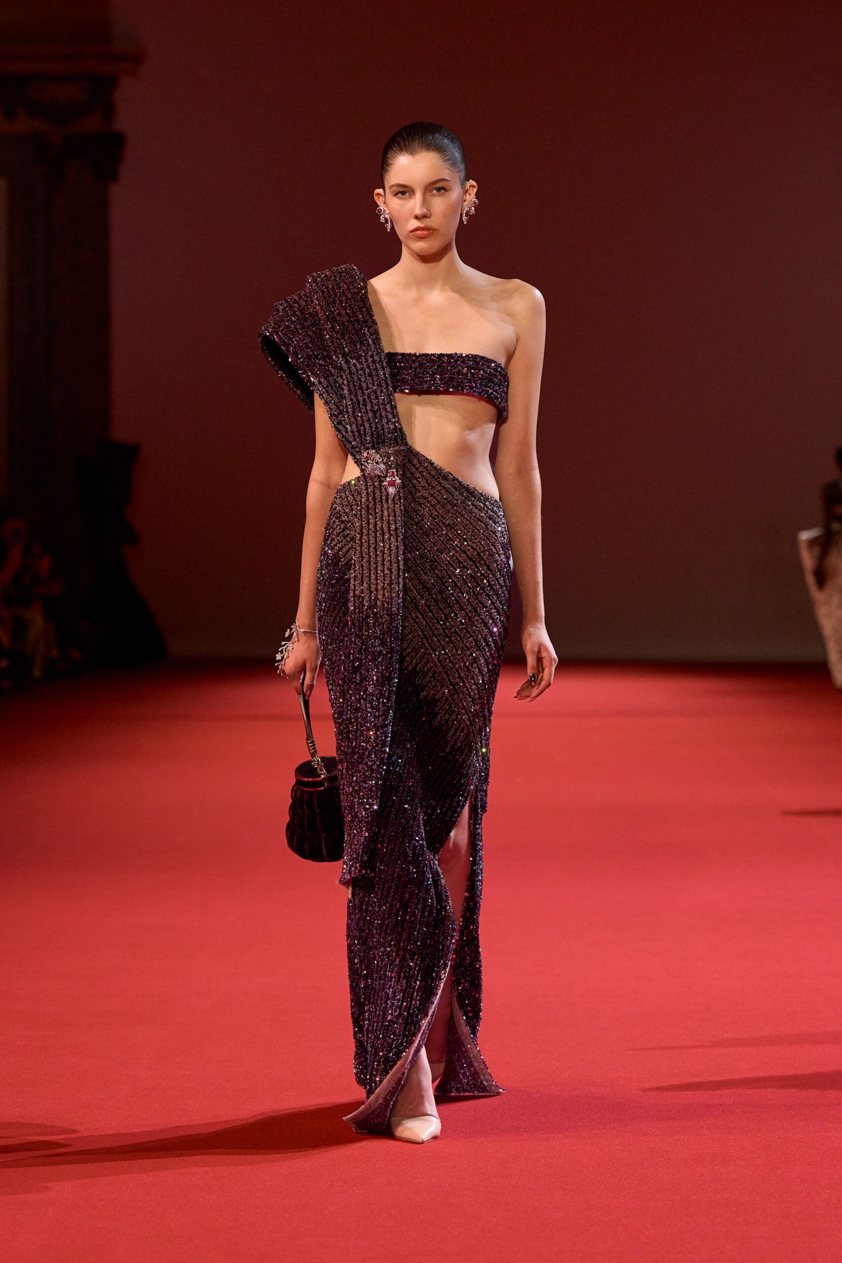 purple silk strapless asymmetric fitted beaded draped gown