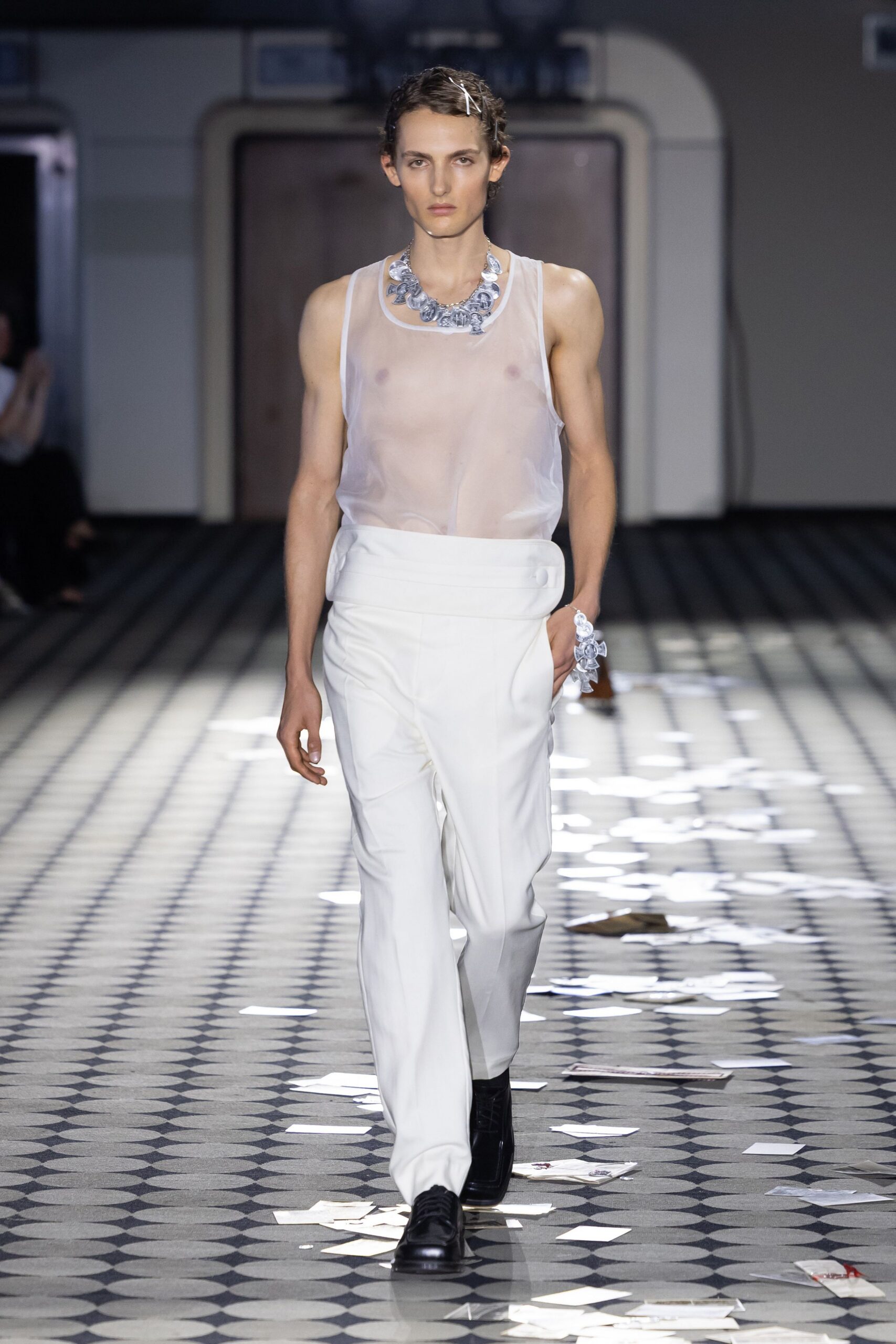 white mesh tank-top with tailored pants