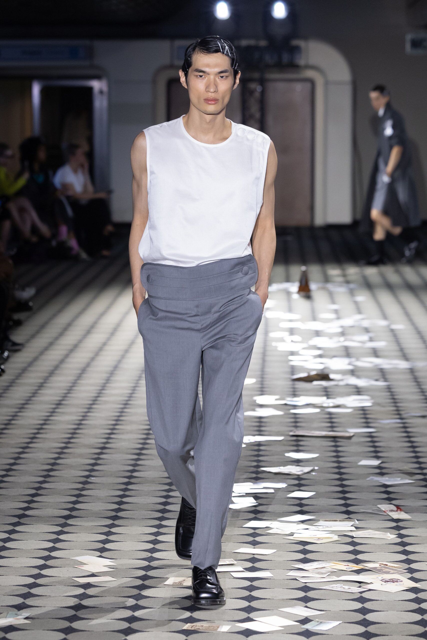 white fitted top gray tailored pants
