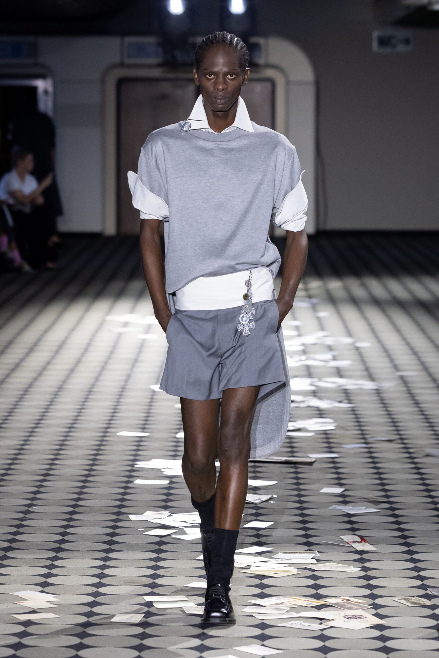 gray relaxed top with mini skirt