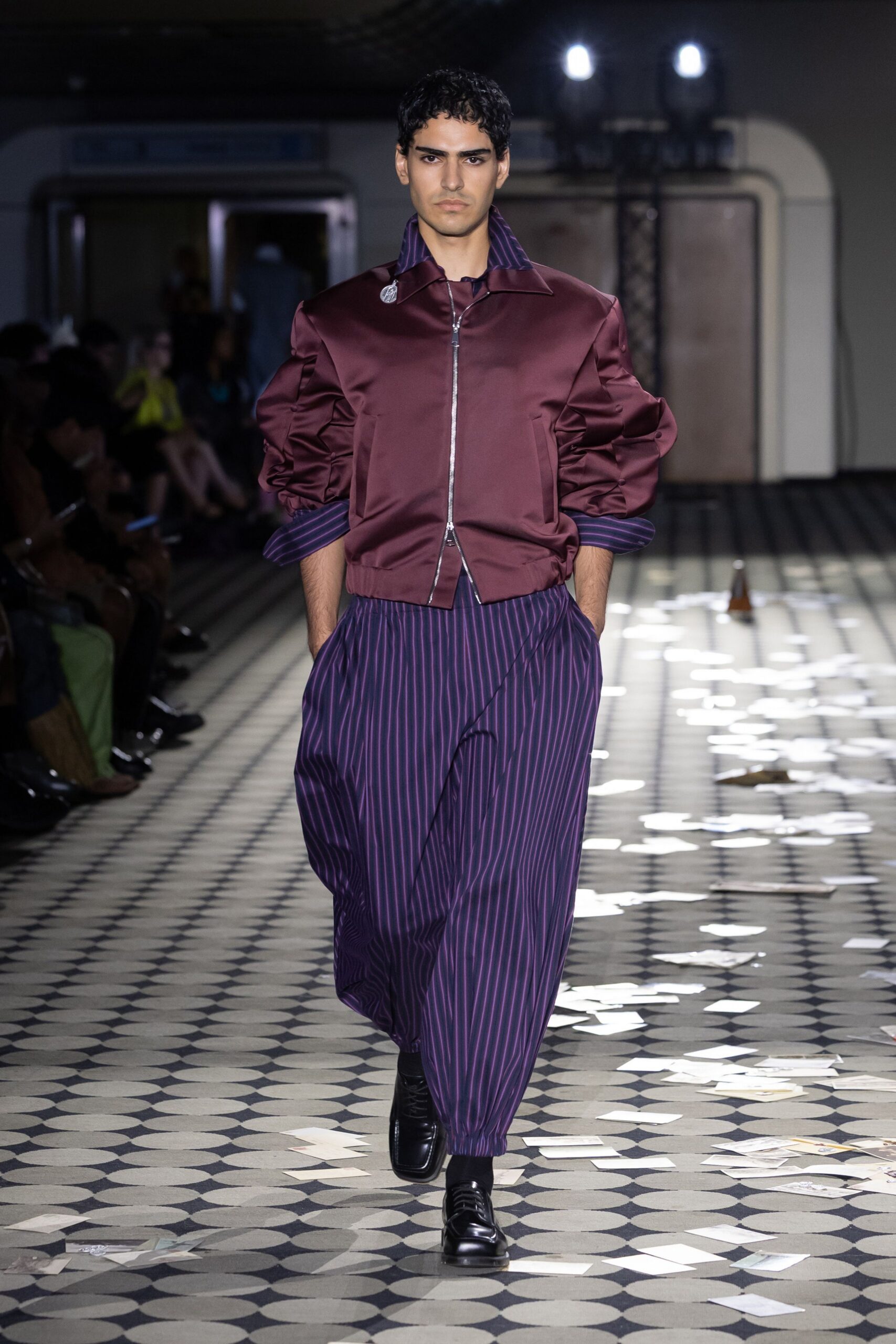 purple silk jacket with striped pants