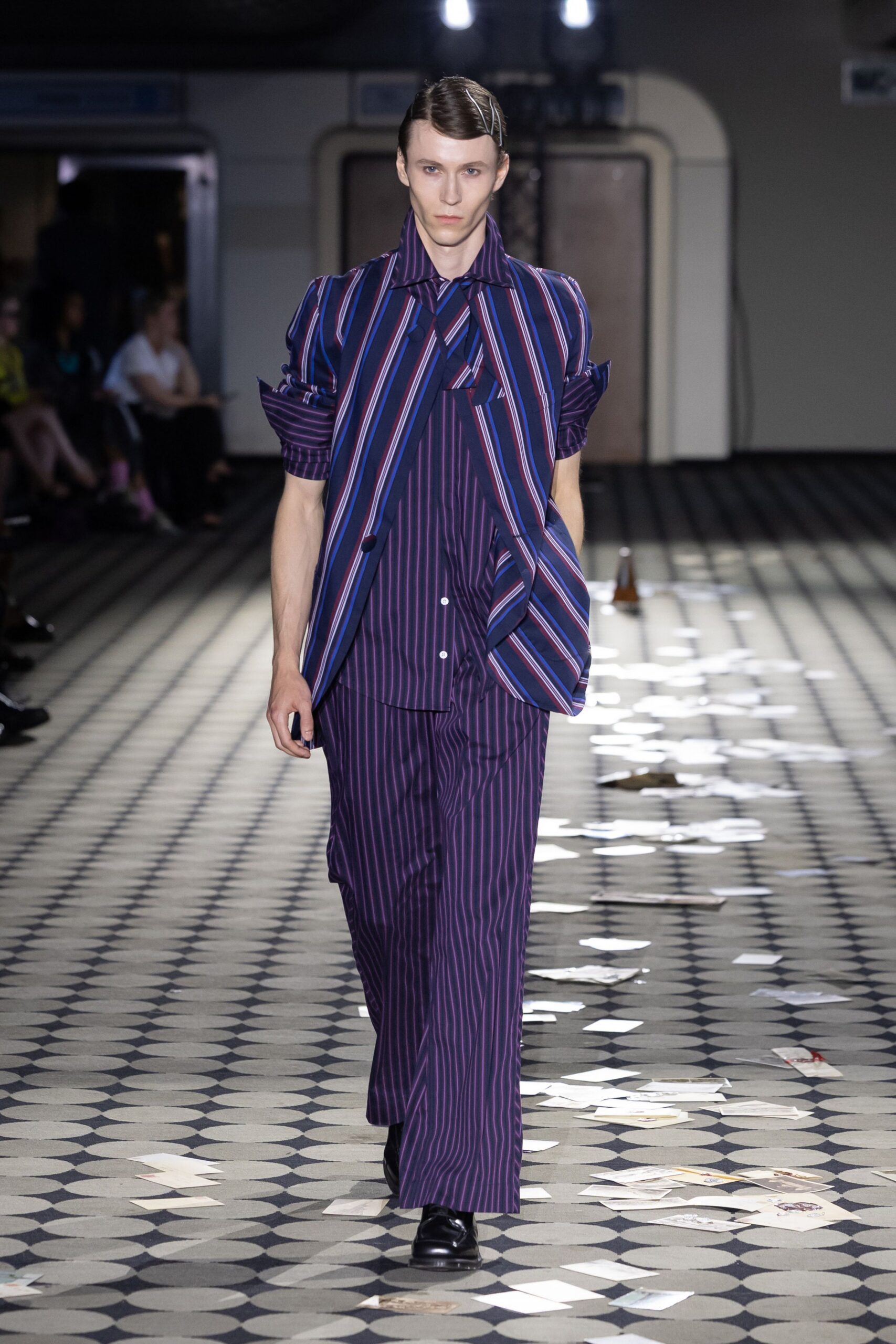 striped blue and purple outfit