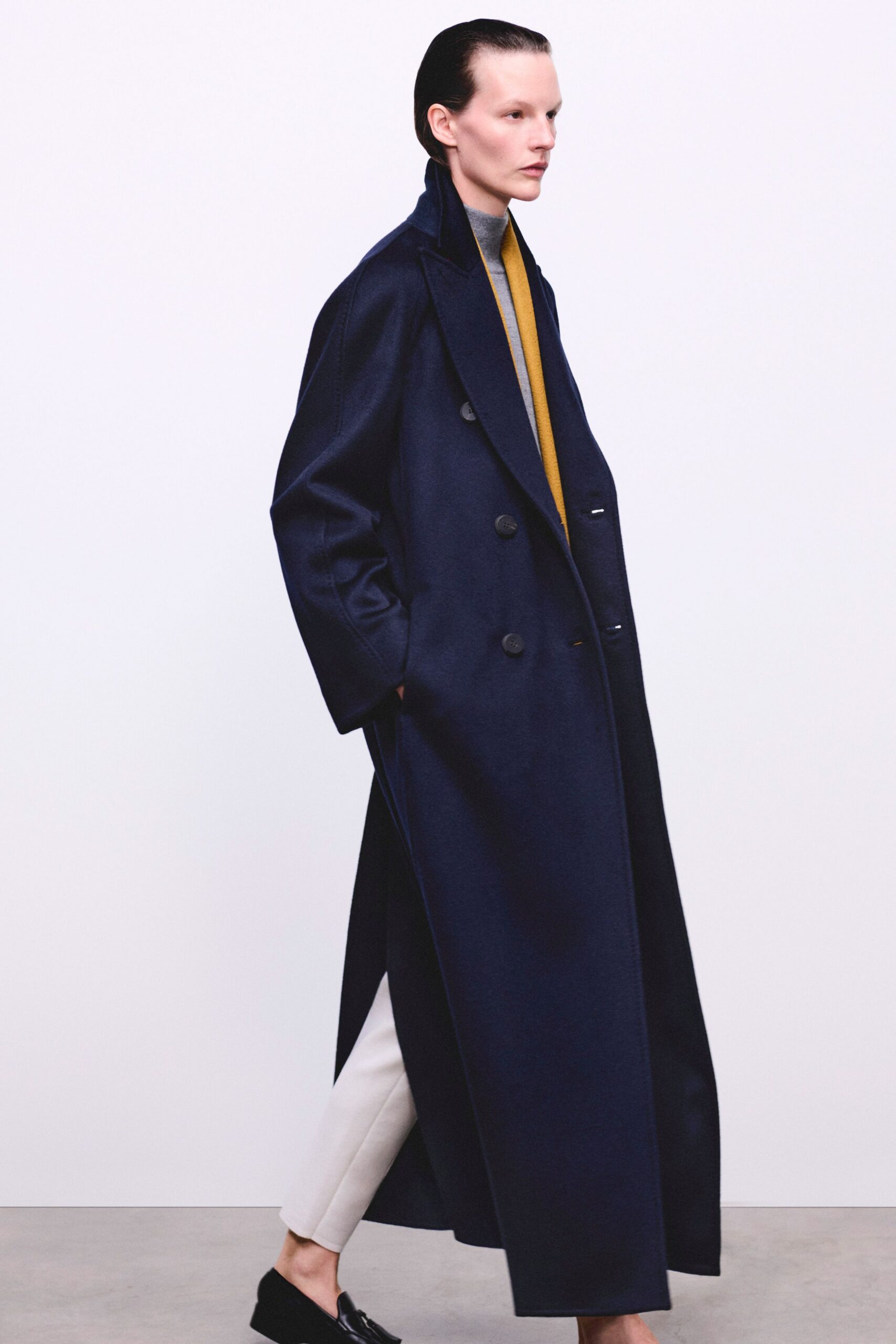 blue wool long-sleeve double-breasted relaxed buttoned maxi coat