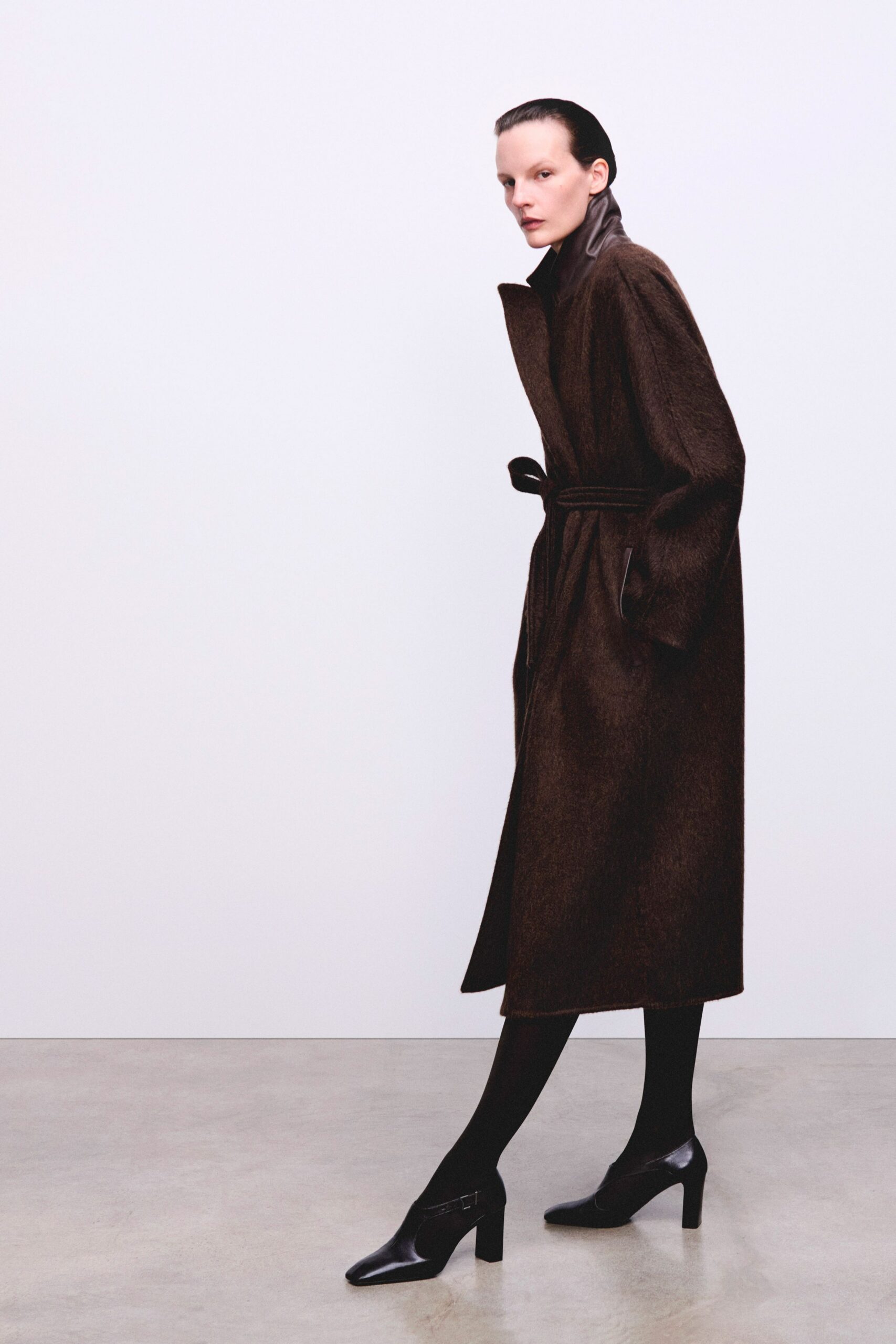 brown wool long-sleeve collared relaxed belted maxi coat