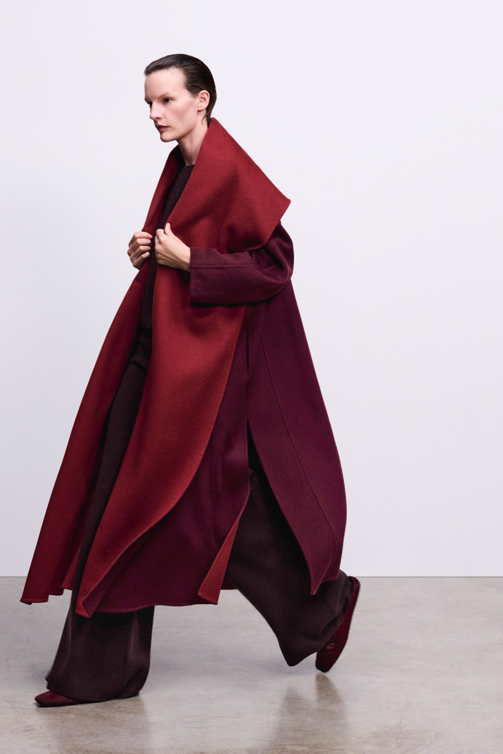 red wool long-sleeve collared relaxed layered coat
