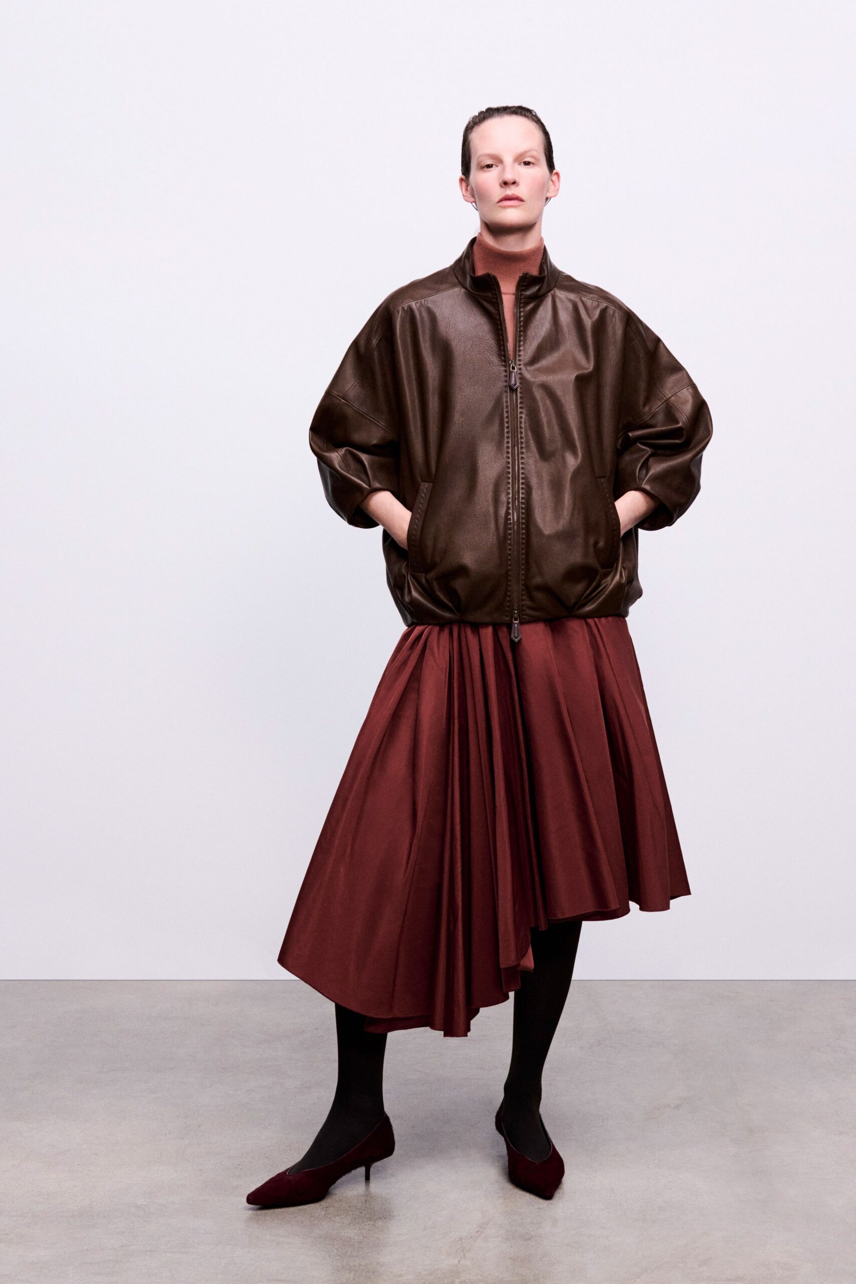 brown leather long-sleeve collared oversized zippered jacket
