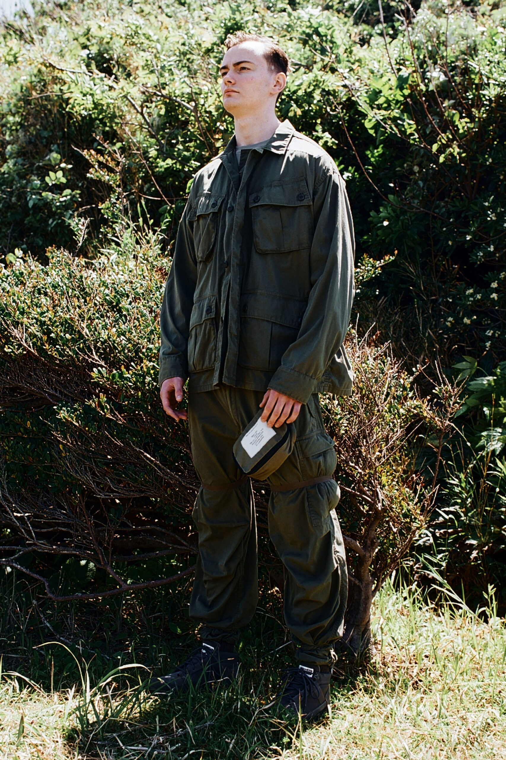 green cotton jacket and pants