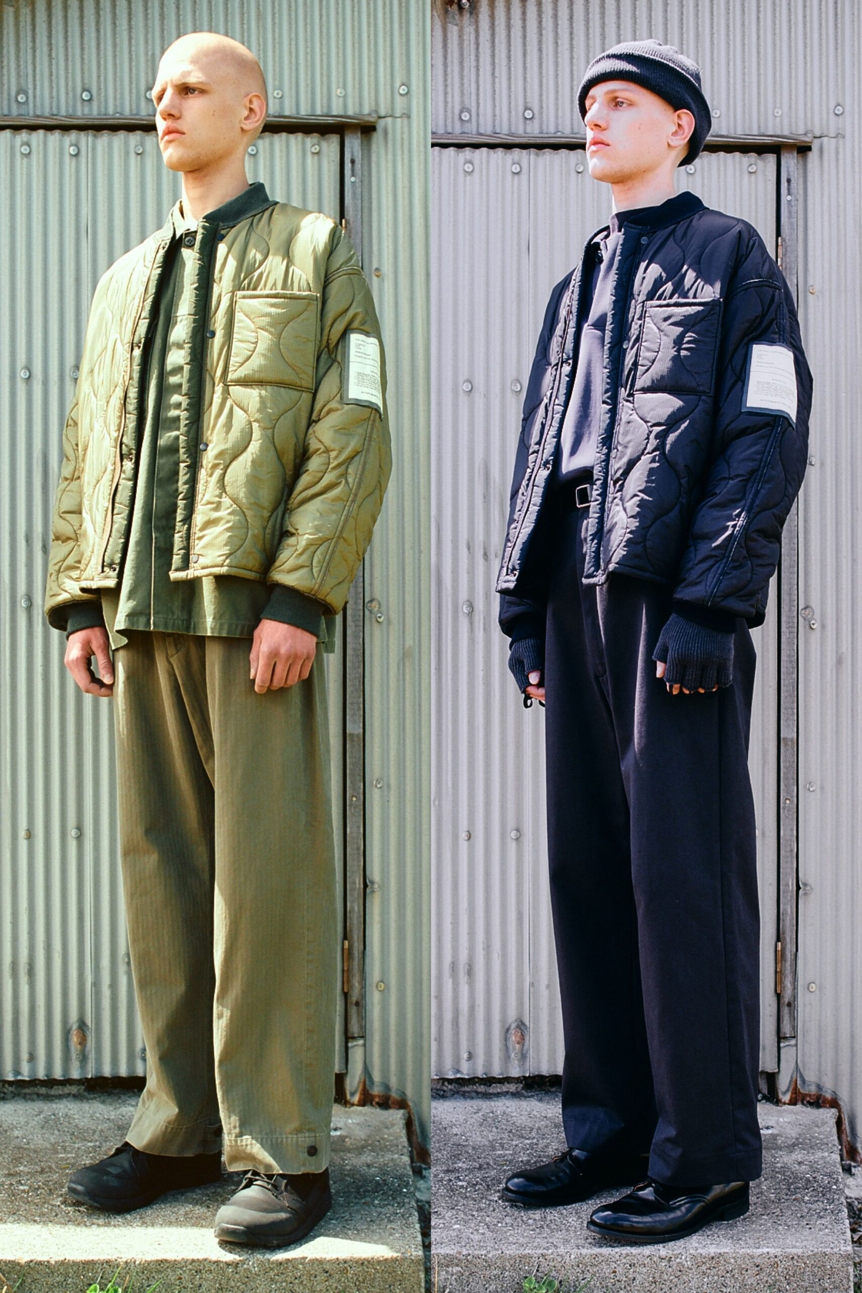 green and black quilted jackets with relaxed pants