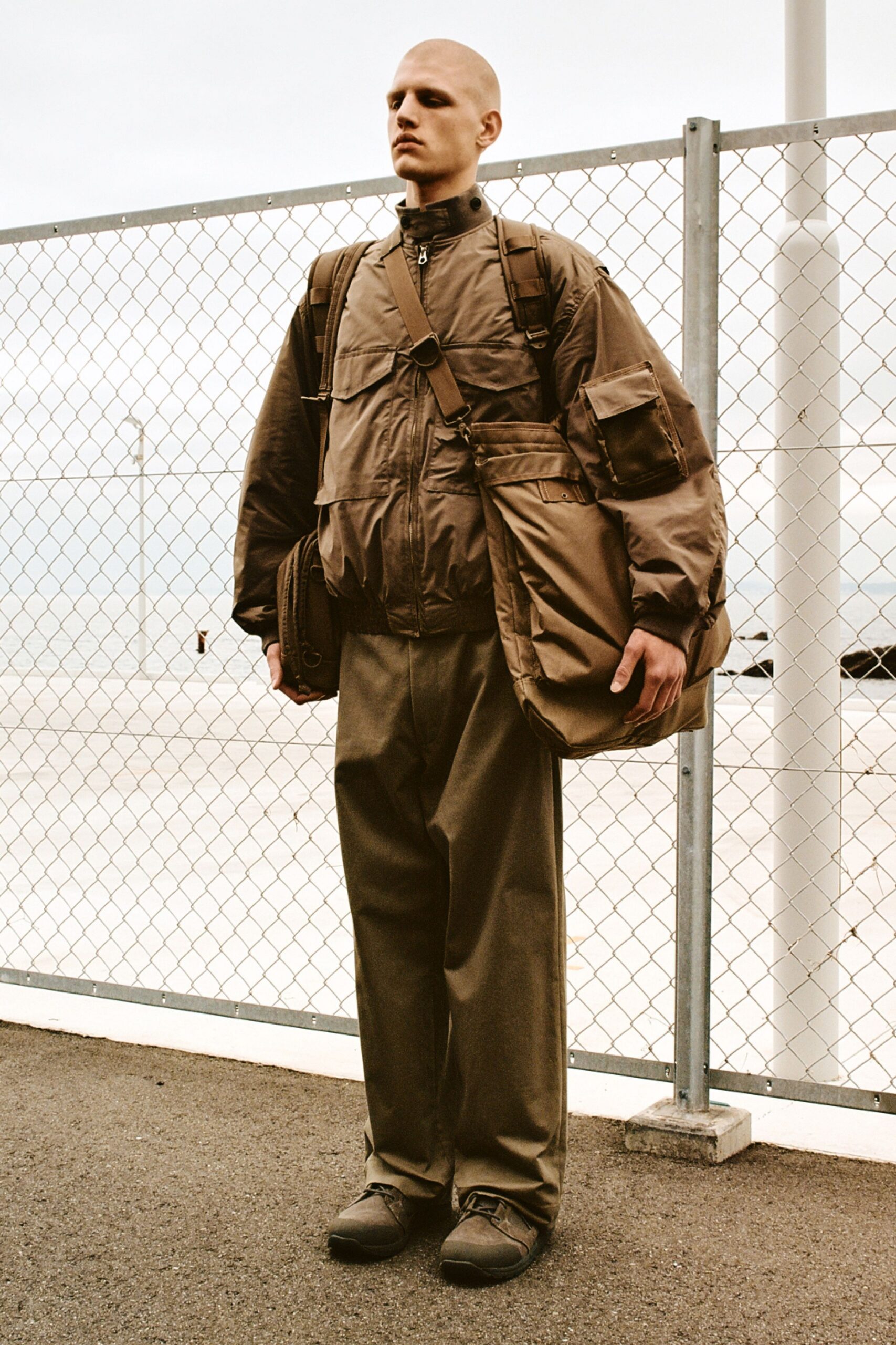 brown cotton long-sleeve collared oversized zippered pockets jacket