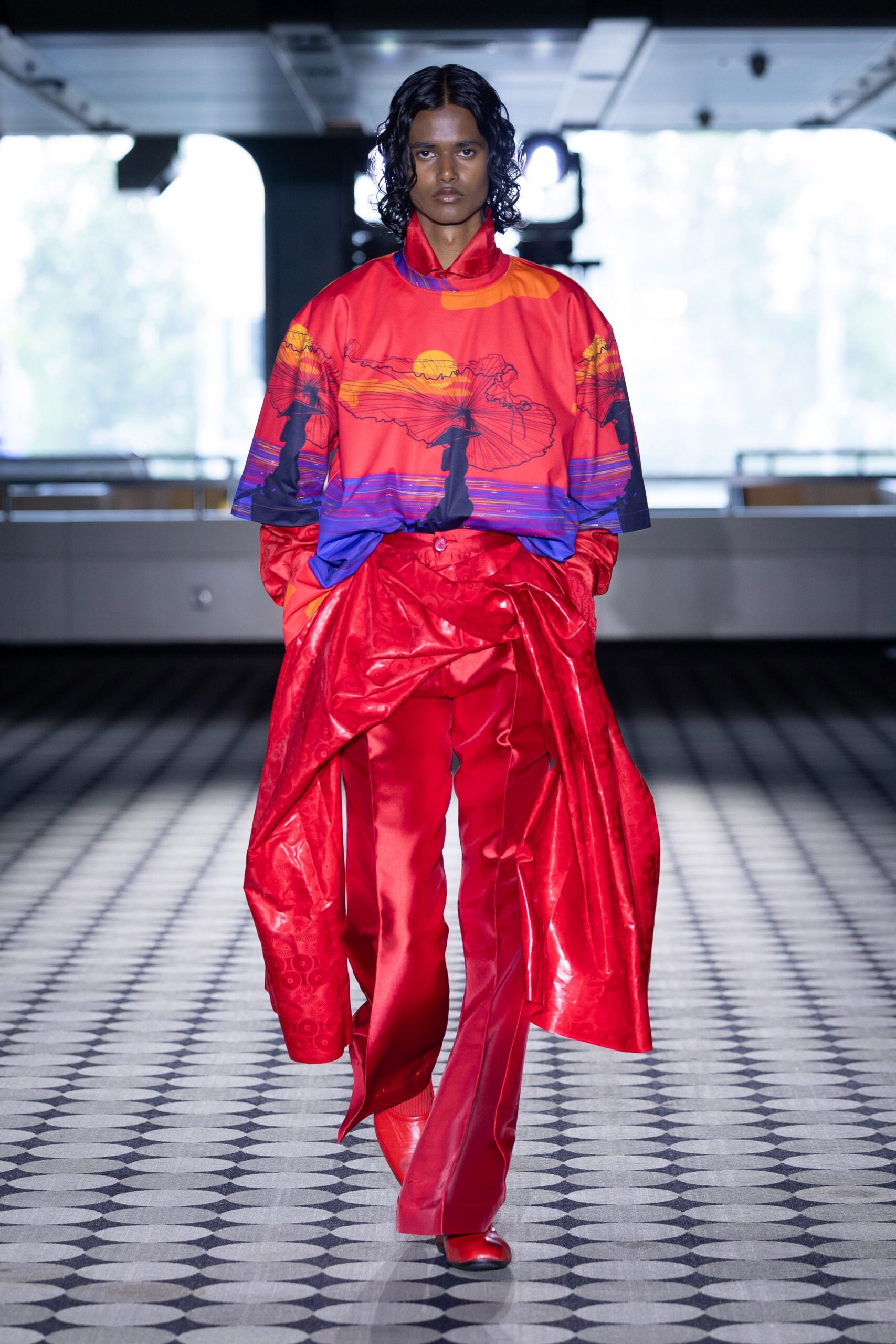 red printed relaxed top and fitted pants