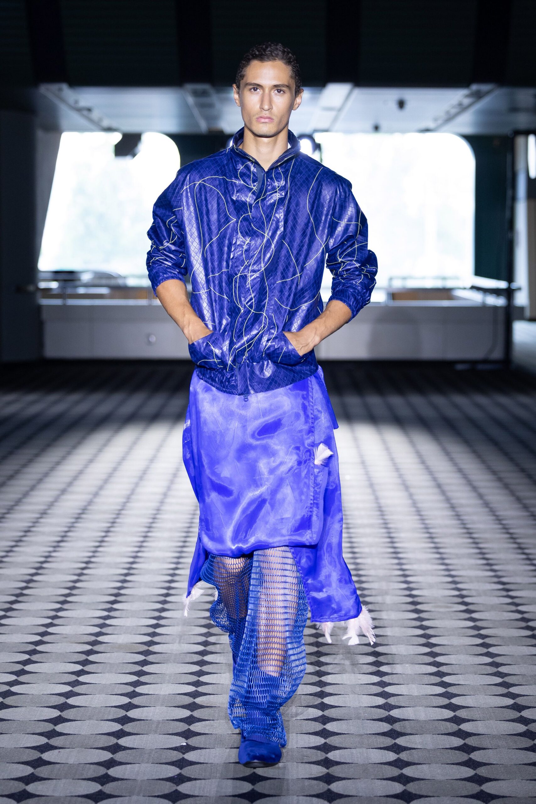 blue silk jacket and skirt