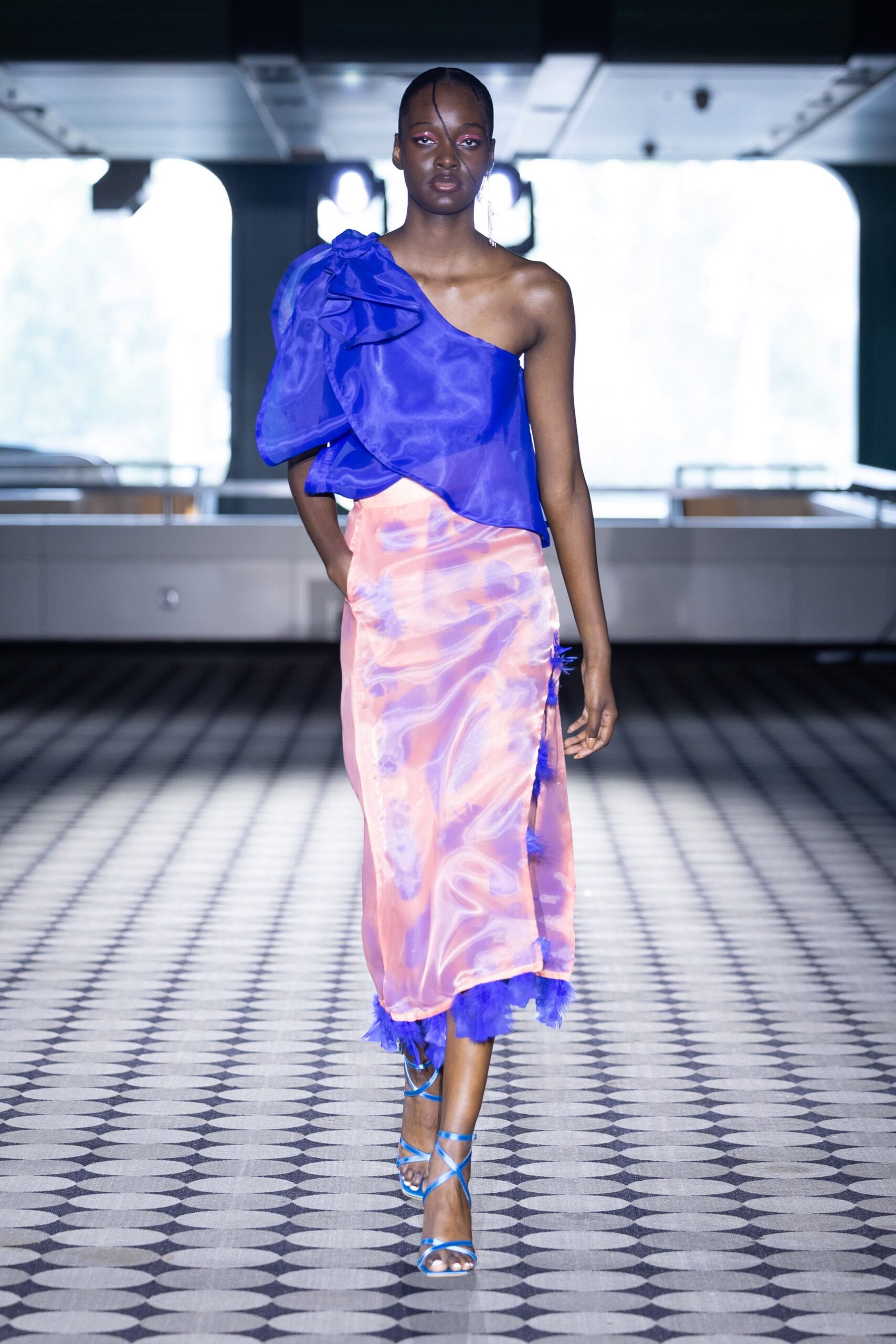 blue and pink asymmetric dress