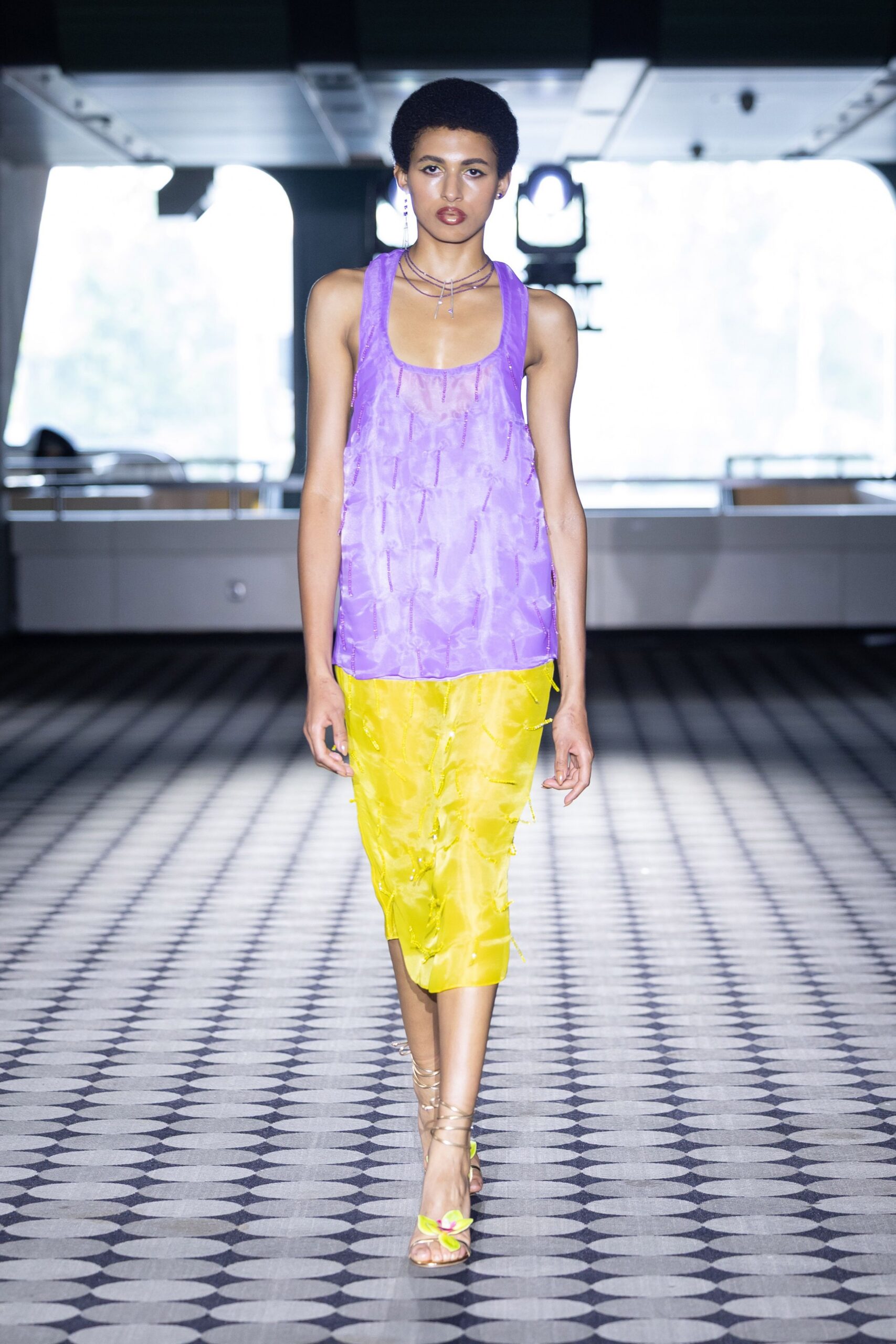 purple silk sleeveless fitted pleated top