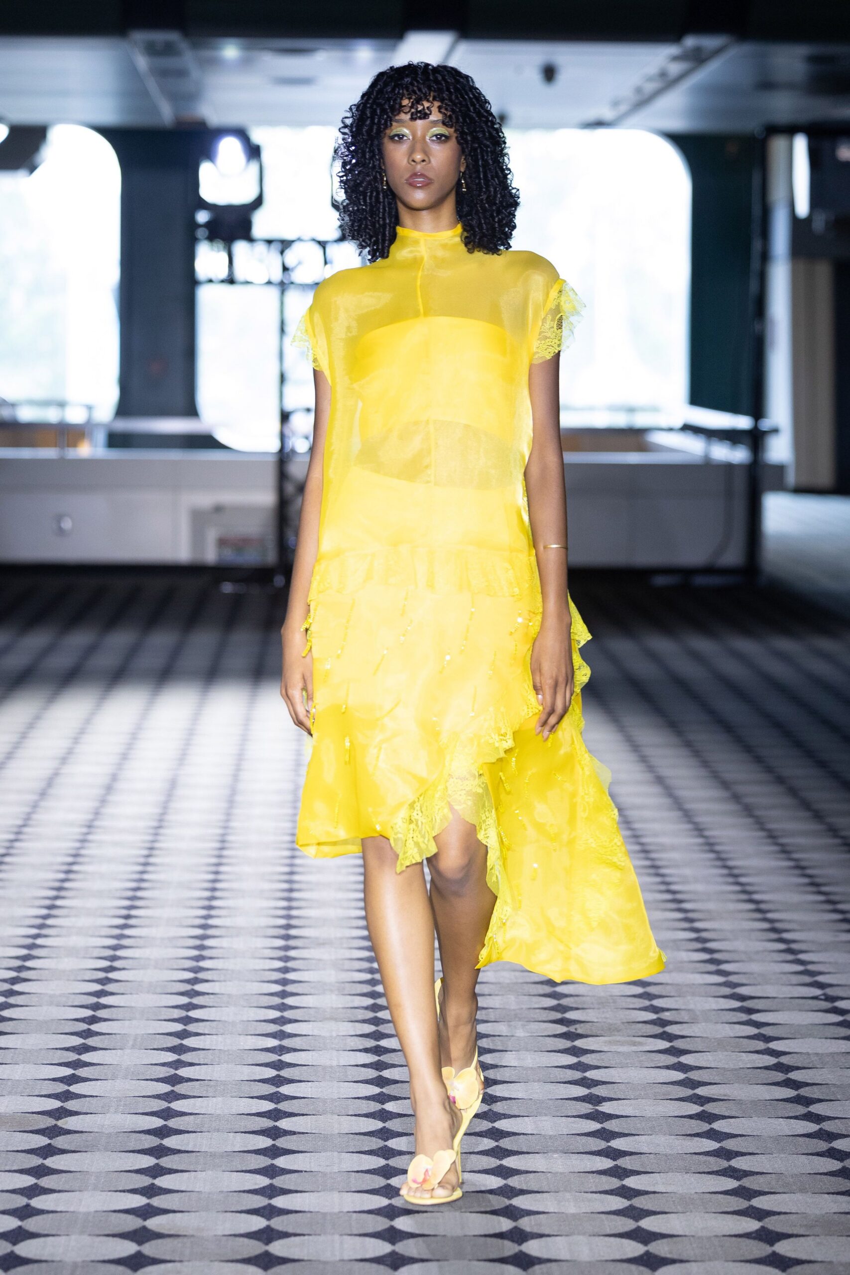 yellow chiffon midi dress