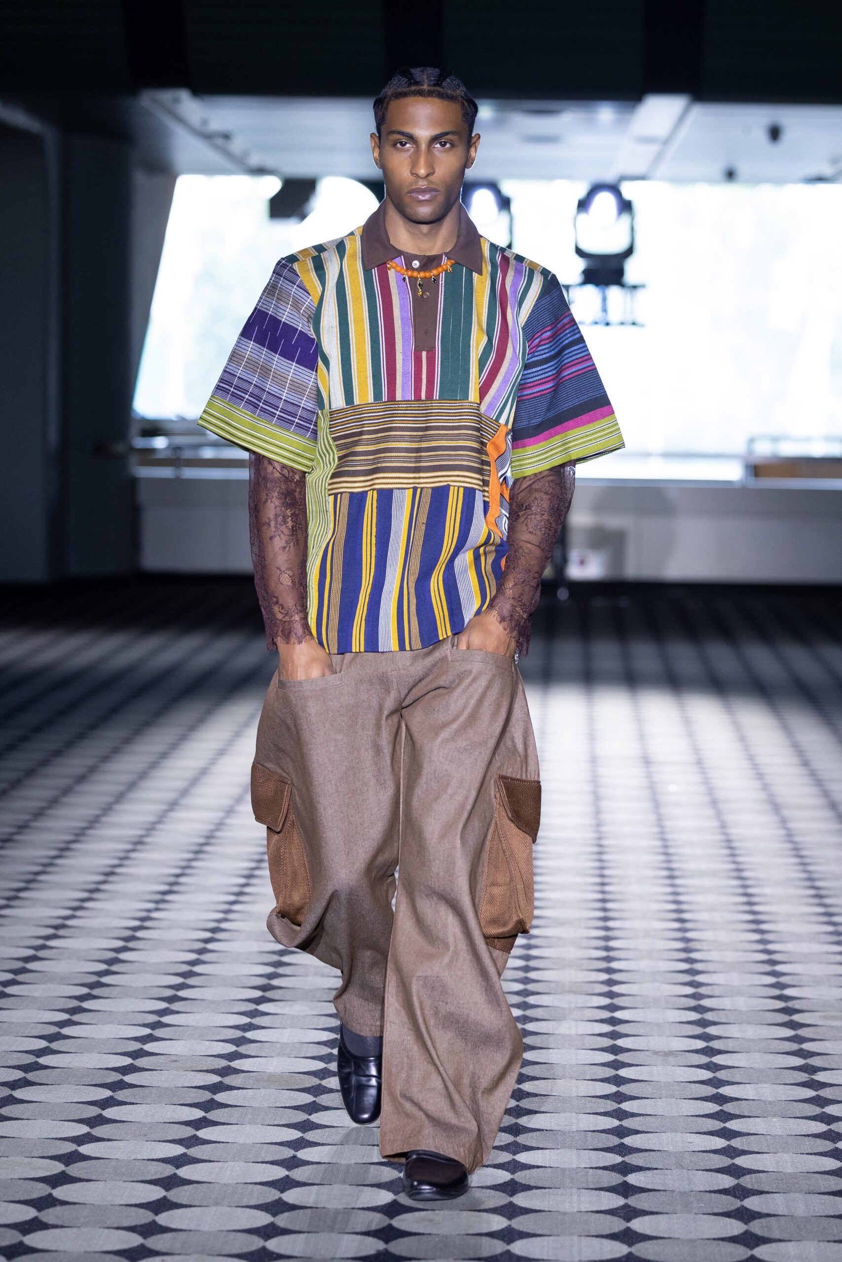 multi-colored shirt with cargo pants