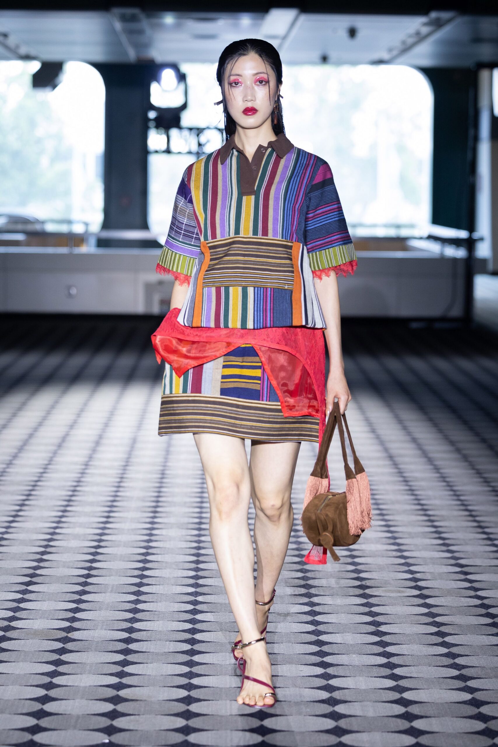 multi-striped mini dress with accessories