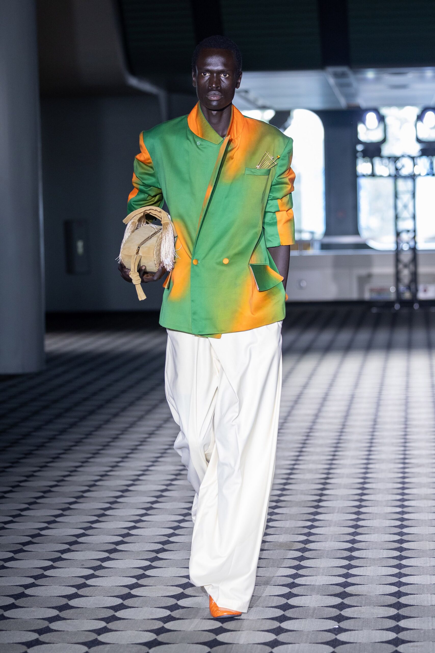 color-blocked green orange blazer