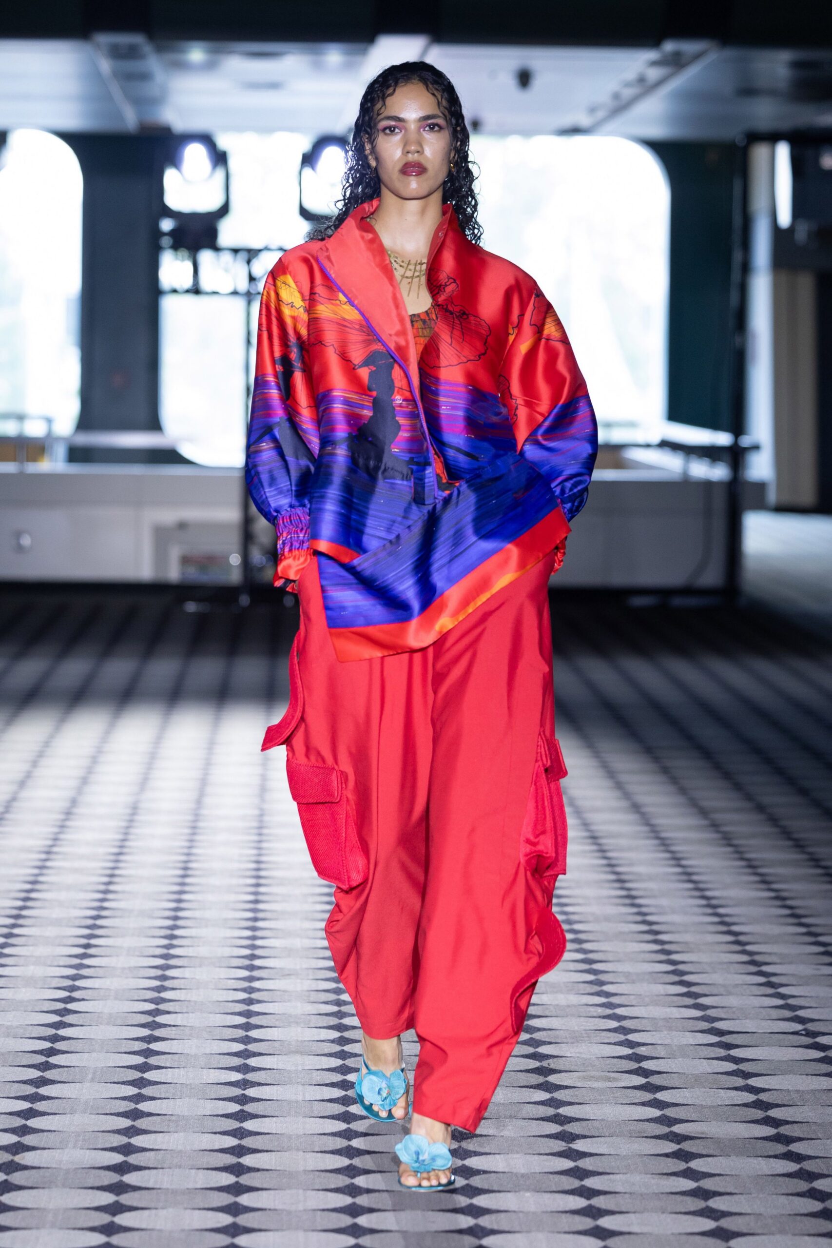 color-blocked silk shirt with cargo pants