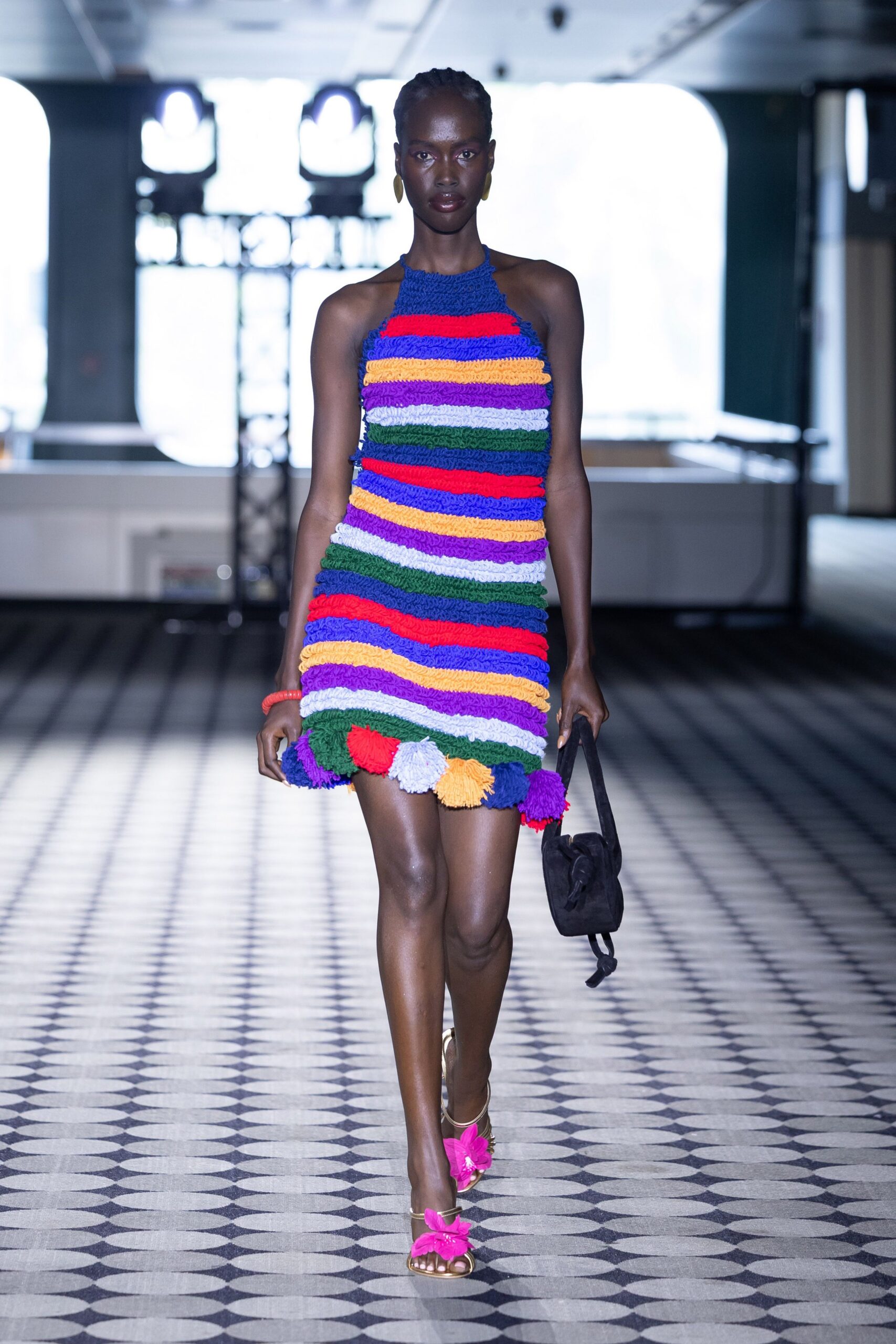 purple cotton sleeveless high-neck fitted striped tiered dress