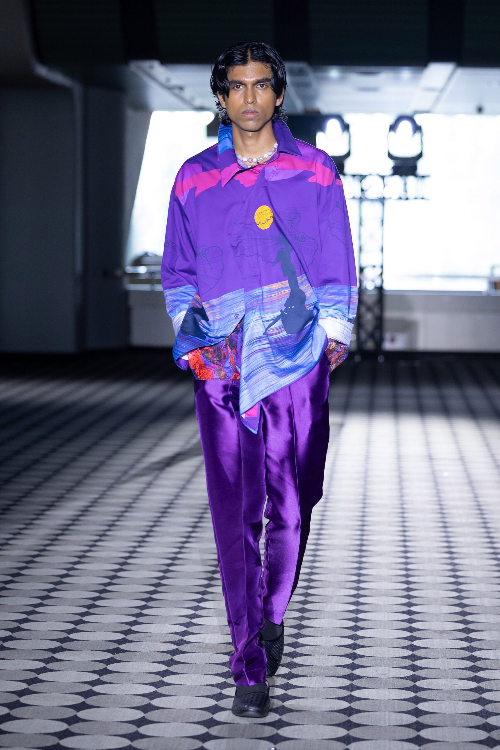 purple long-sleeve collared relaxed printed shirt