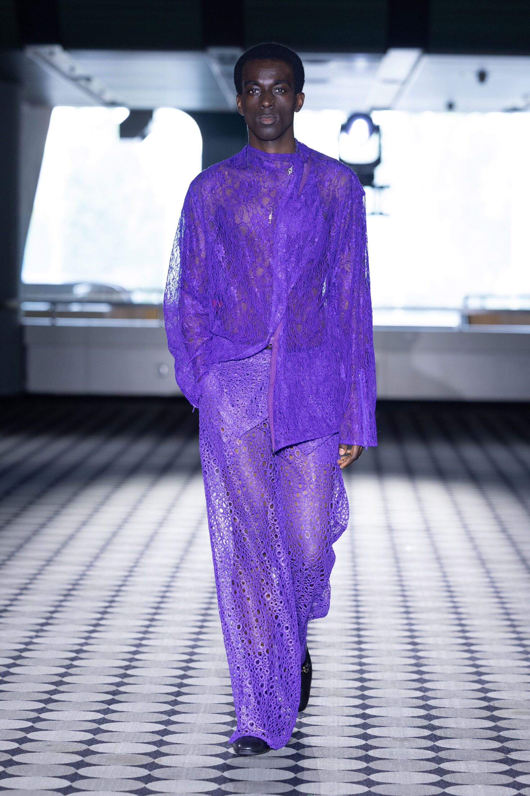 purple lace long-sleeve collared relaxed layered sheer shirt