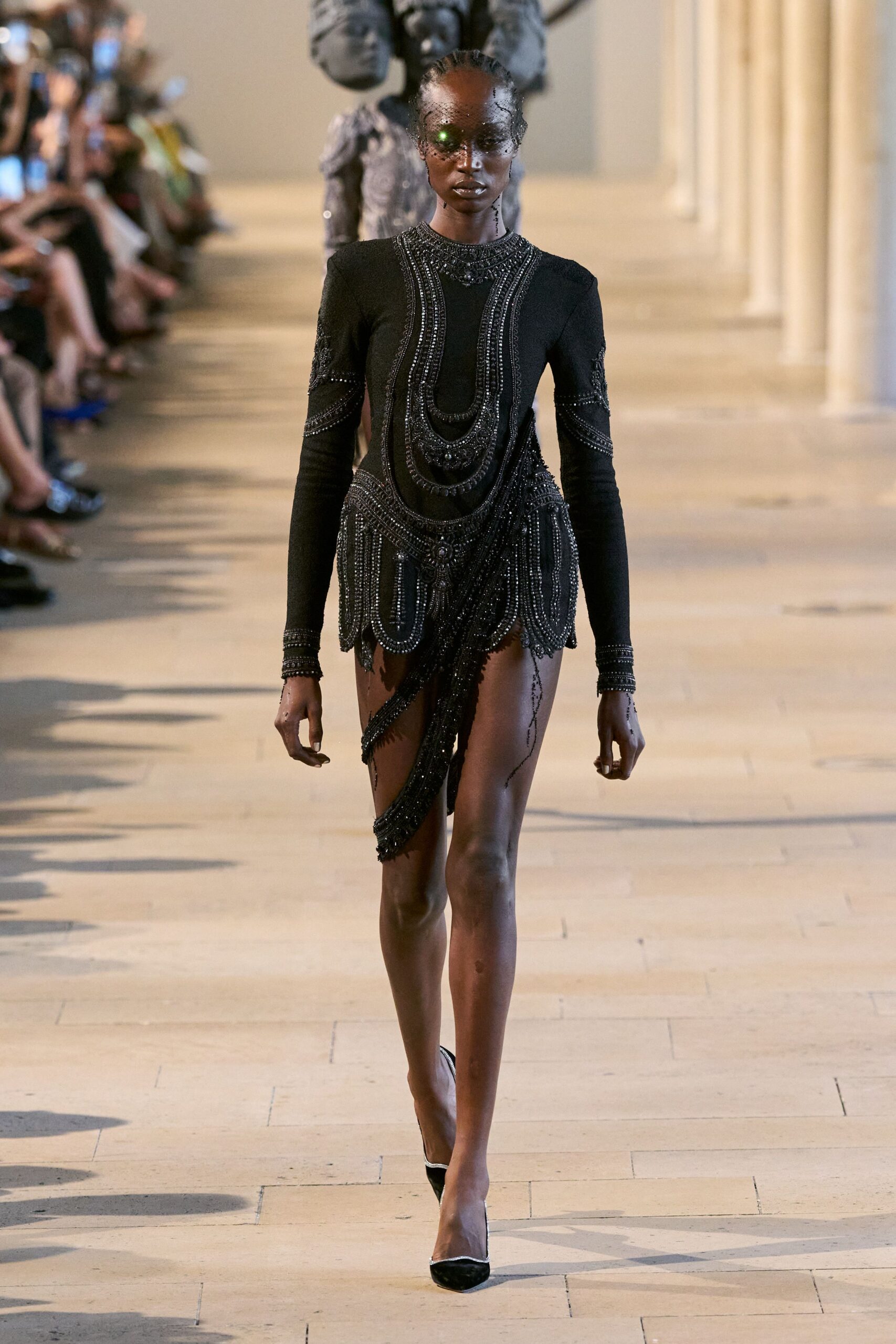 black silk long-sleeve v-neck fitted beaded ruched dress