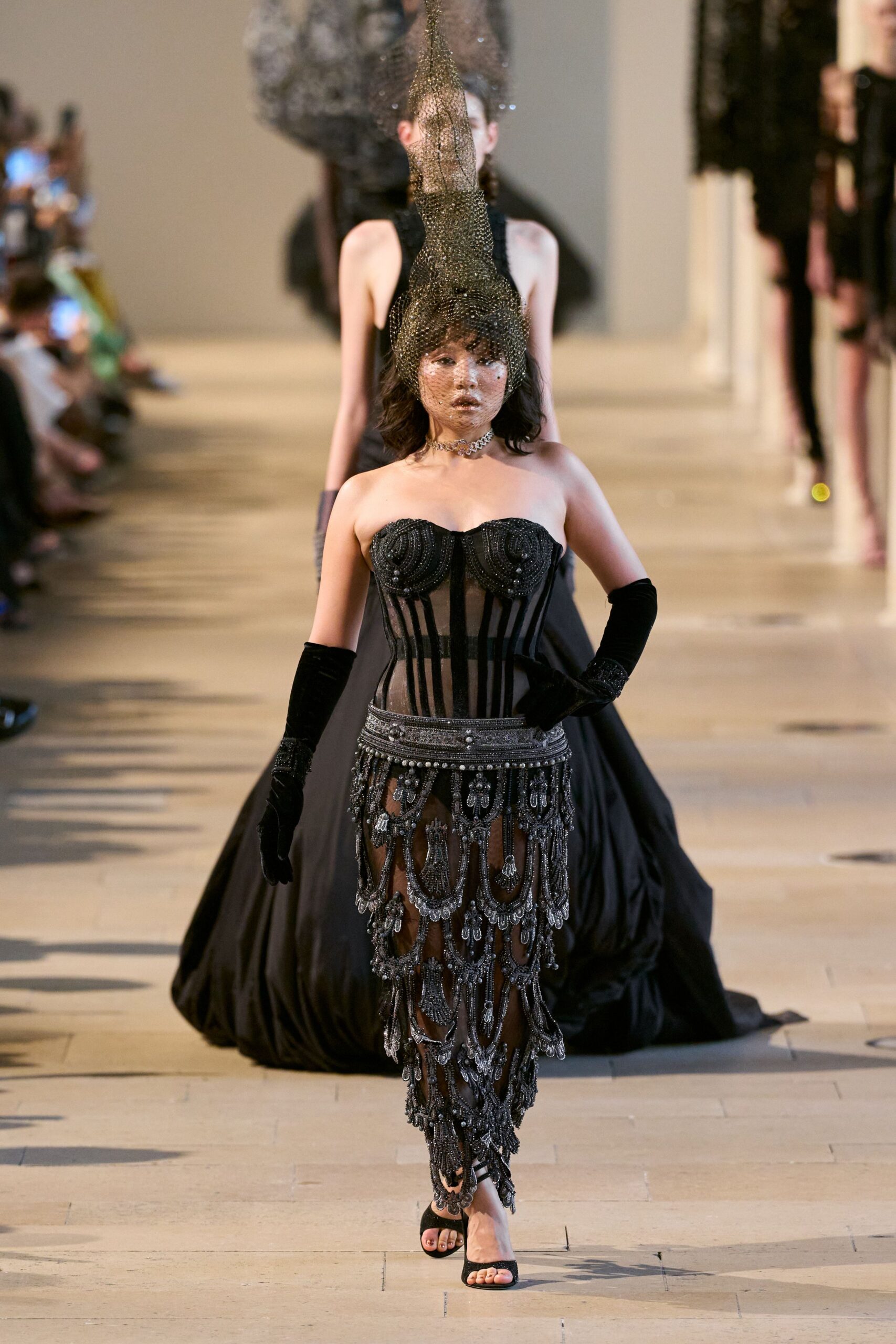 black silk strapless fitted embellished maxi gown