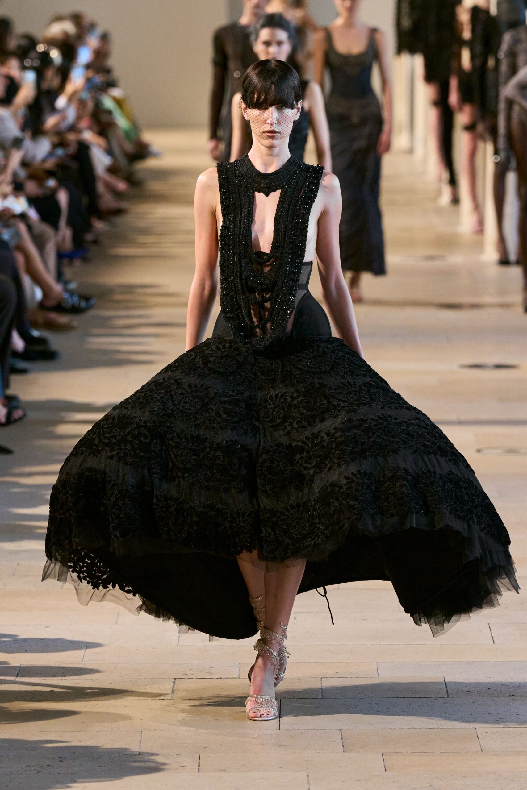 black silk sleeveless v-neck fitted pleated embroidered dress