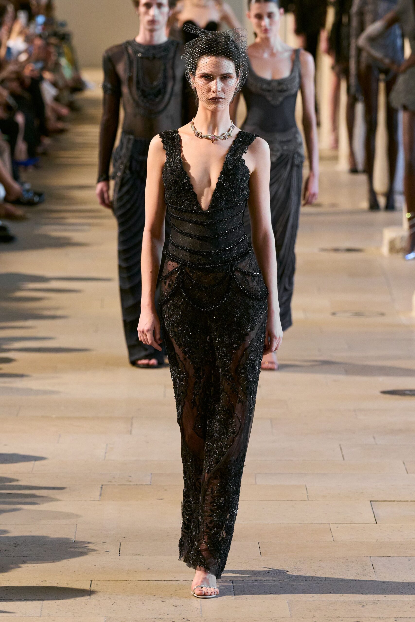 black lace sleeveless v-neck fitted embroidered beaded gown